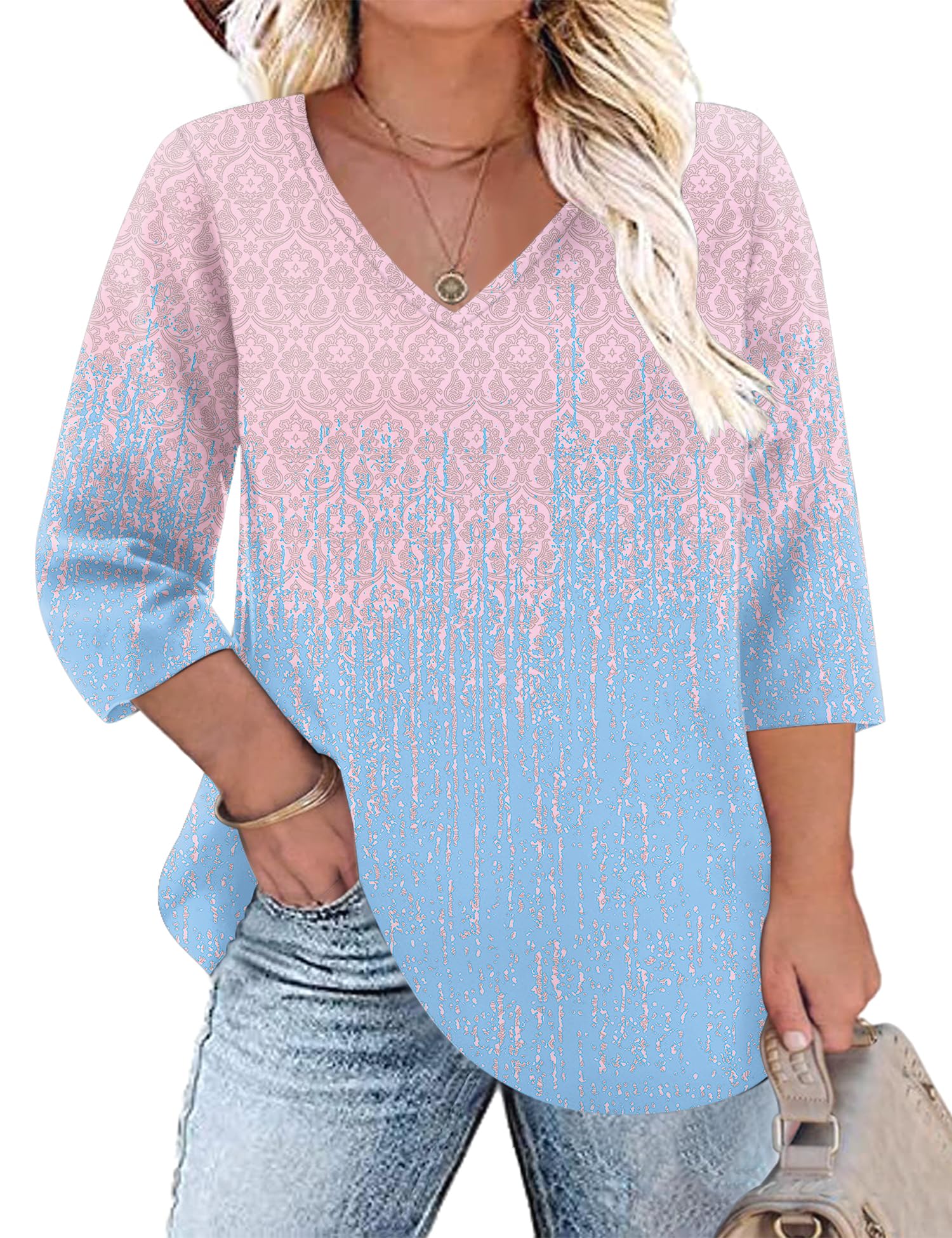 TFSDOD Womens Plus Size Tops V Neck T Shirts 3/4 Sleeve Blouse Summer Casual Tees XL-5X