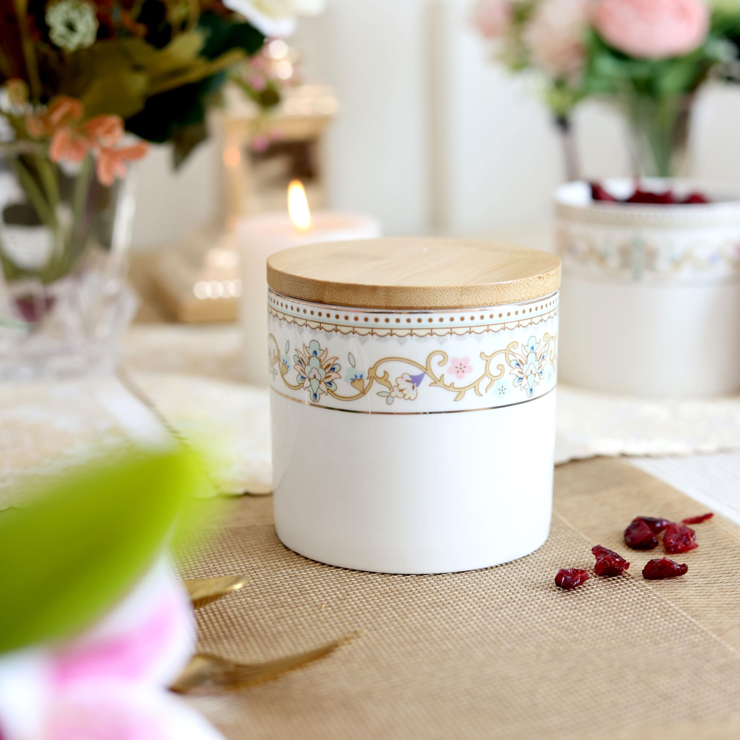 Vigneto Floral White Pattern Airtight Storage Canister (1 Pc, 500 ML) with Leakproof Lid | Finest Premium Porcelain