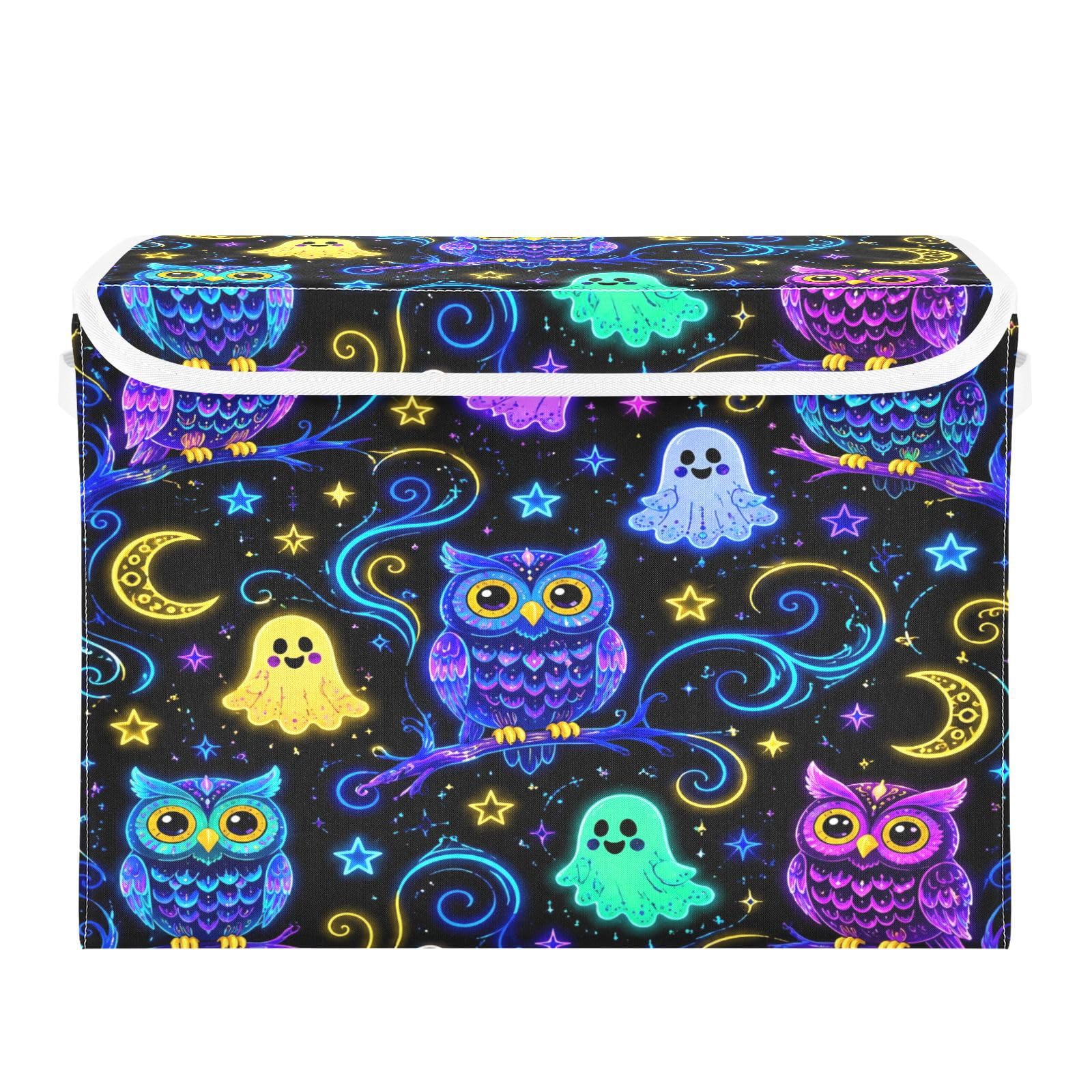 Ewusp Halloween Boo Owl Fabric Storage Bin with Lid, Decorative Foldable Storage Basket with Handles, Stackable Closet Shelf Organiser Box for Clothes, Books, Bedroom, Living Room