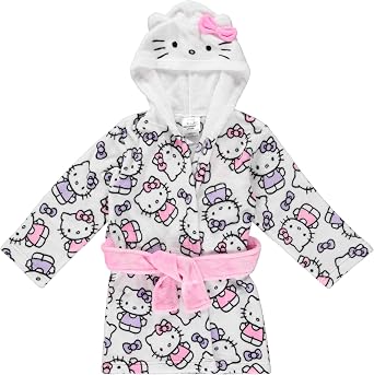 Hello Kitty Girls Fleece Kids Hooded Robe - Super Soft Plush Kids Spa Bathrobe with Pockets, Sizes 4-10 - Official Product