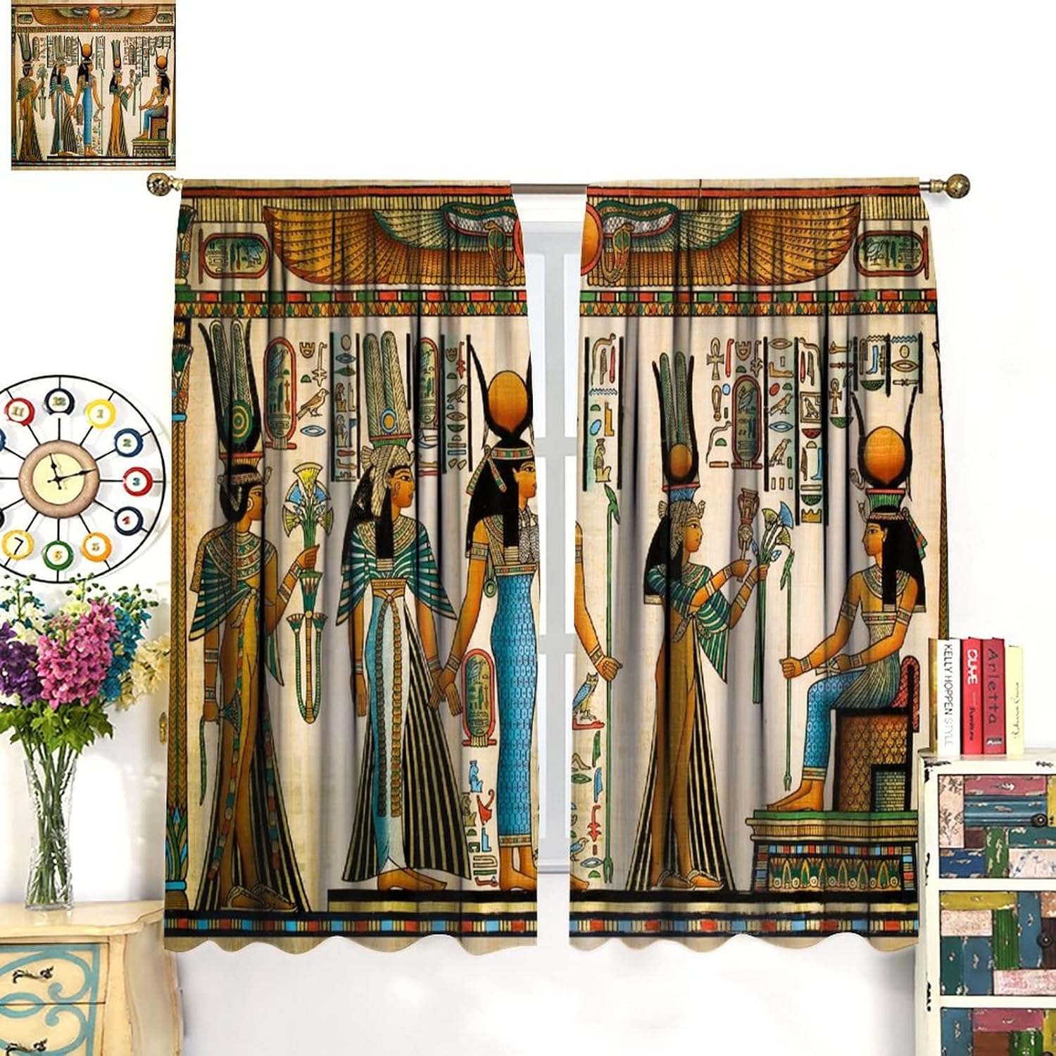 JESTRONRY Egyptian Print Curtains, Egyptian Design Elements Papyrus Style Room Darkening Door Window Rod Pocket Curtain for Living Room Bedroom Kitchen Bathroom W42xL45in