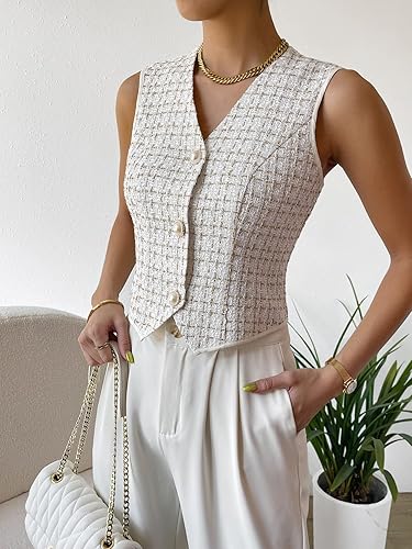 Miniatura 3 de WDIRARA Blazer sin mangas con cuello en V y botones asimétricos para mujer