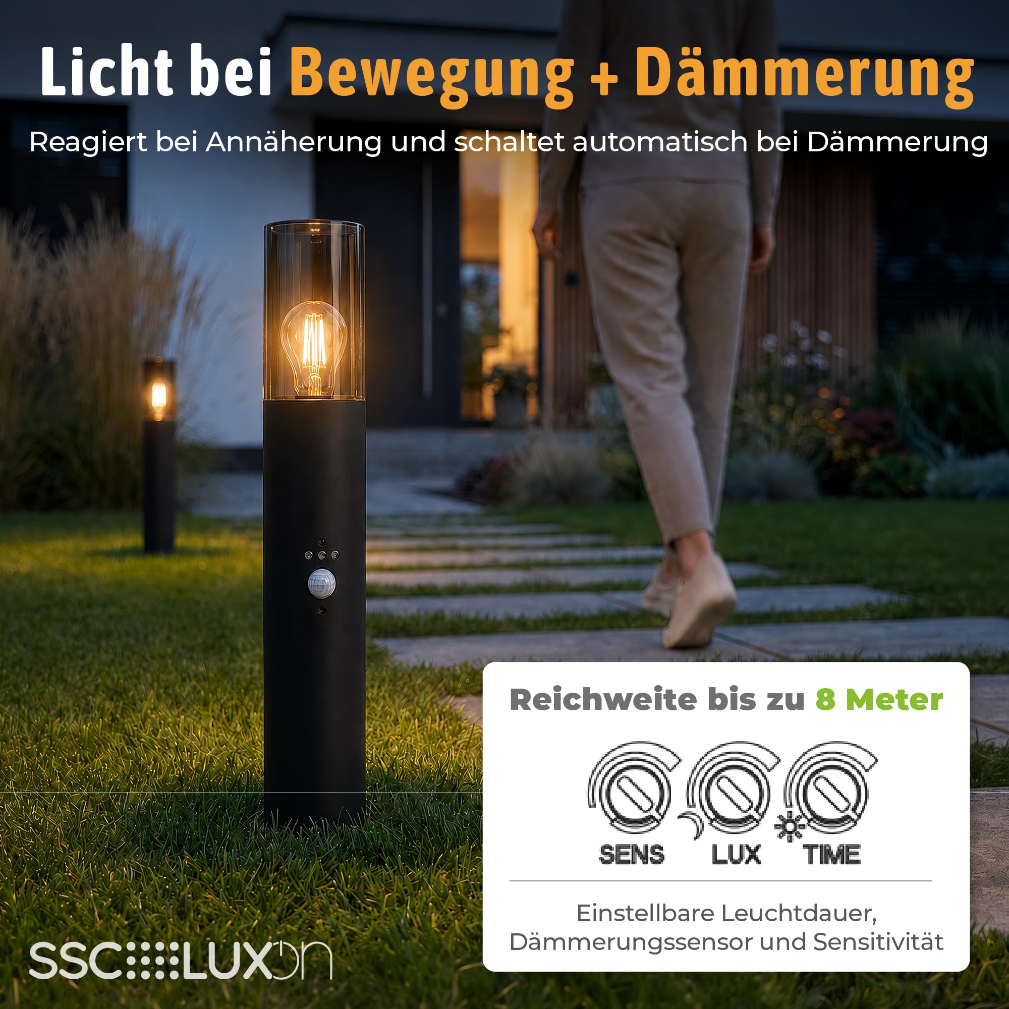 SSC-LUXon 2x VARDA Pollerleuchte mit Bewegungsmelder Höhe 50cm für E27 | Standleuchten mit Bewegungsmelder & Dämmerungssensor - für E27 (Lieferung ohne Birne), reihenschaltbar, IP44 wetterfest