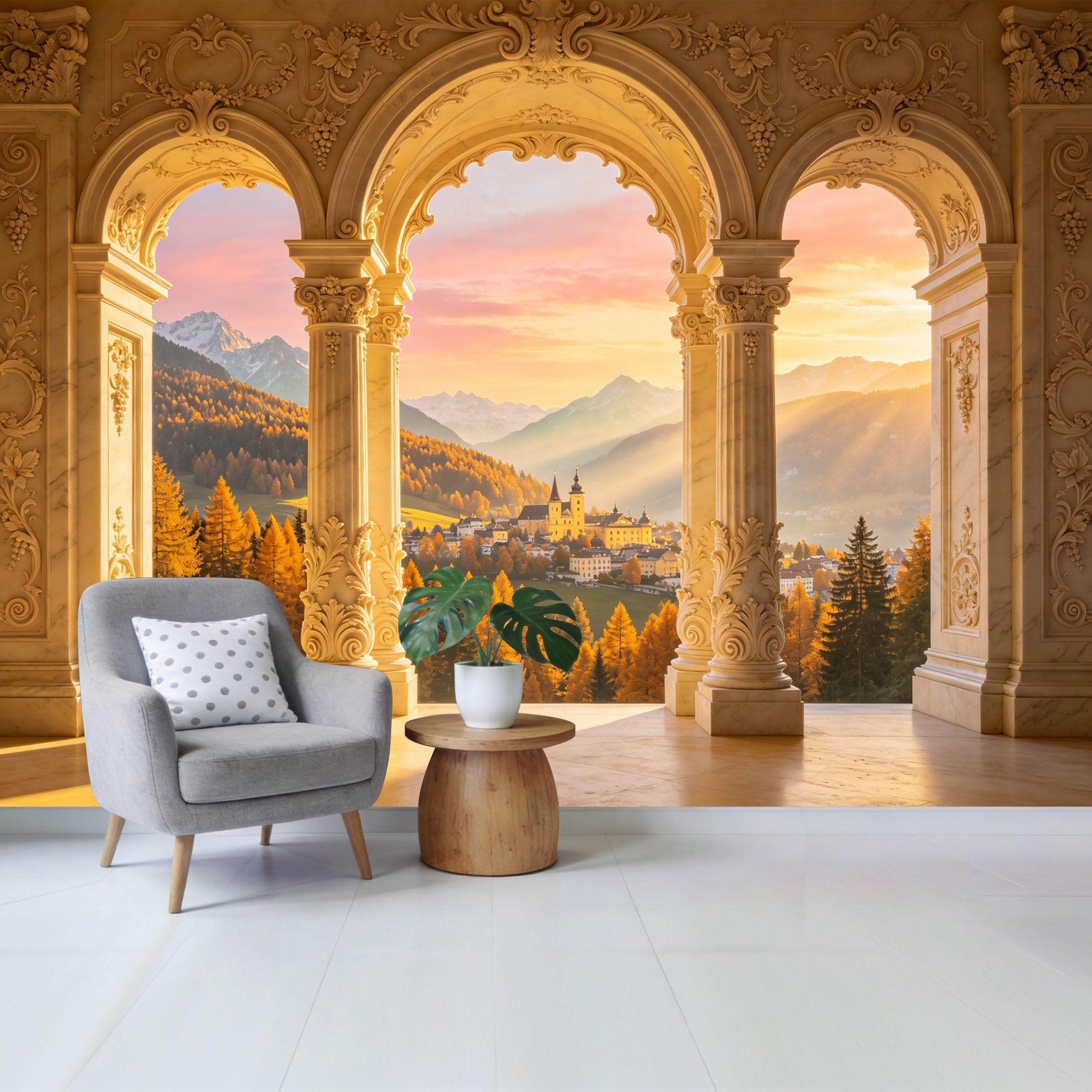 Removable Self Adhesive Fabric Mural， Neoclassical Arch Mountain Lake Custom Size Wall Covering， UV Protected Waterproof Washable Wall Decor for Living Room Bedroom Bathroom