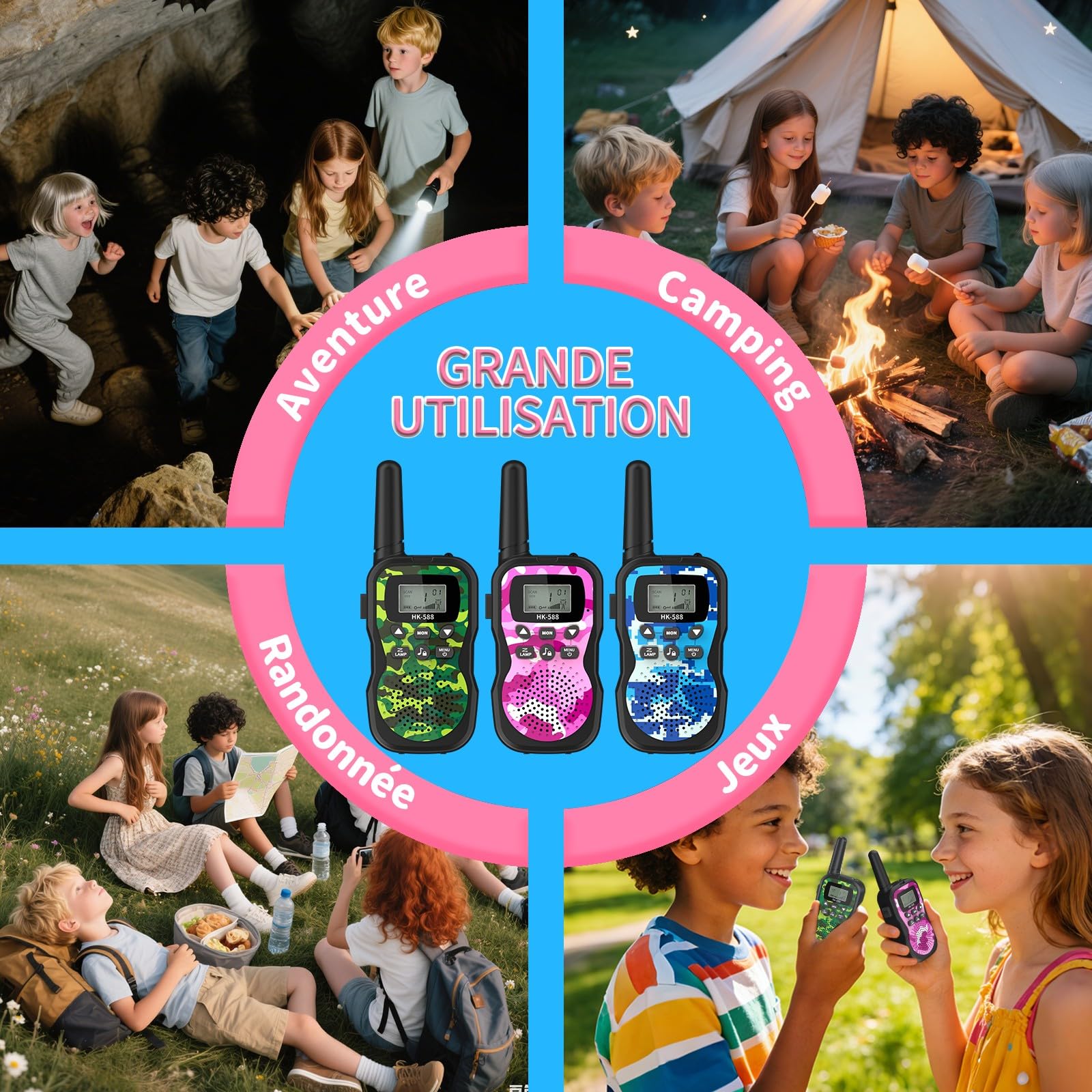 Walkie-Talkies pour Enfants Rechargeables 8 Canaux Autonomie 48h Torche Portée 3KM Camping Jeux