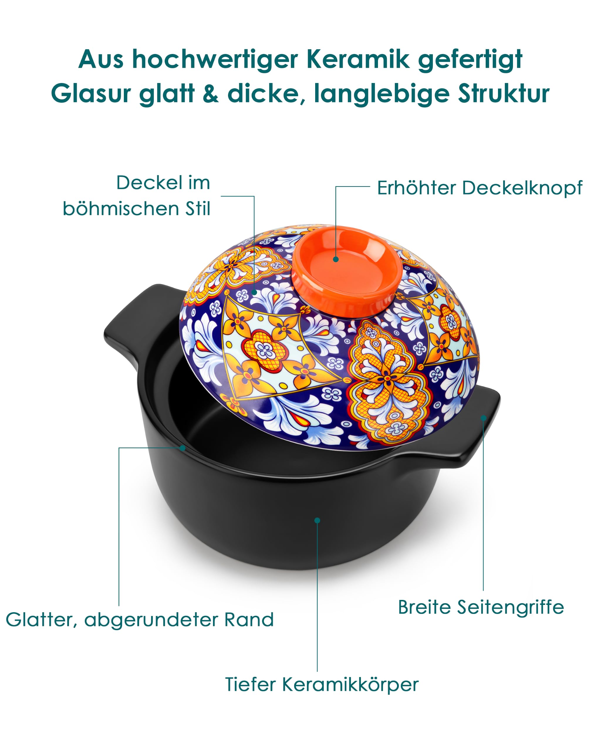 vancasso SIMI 3L Keramik-Kasserolle mit Deckel, gasherdgeeignet Schmortopf | Vielseitiger Bräter 23cm für Eintöpfe, Fleisch und Gemüse. Dichter Deckel schützt das Aroma der zubereiteten Speisen