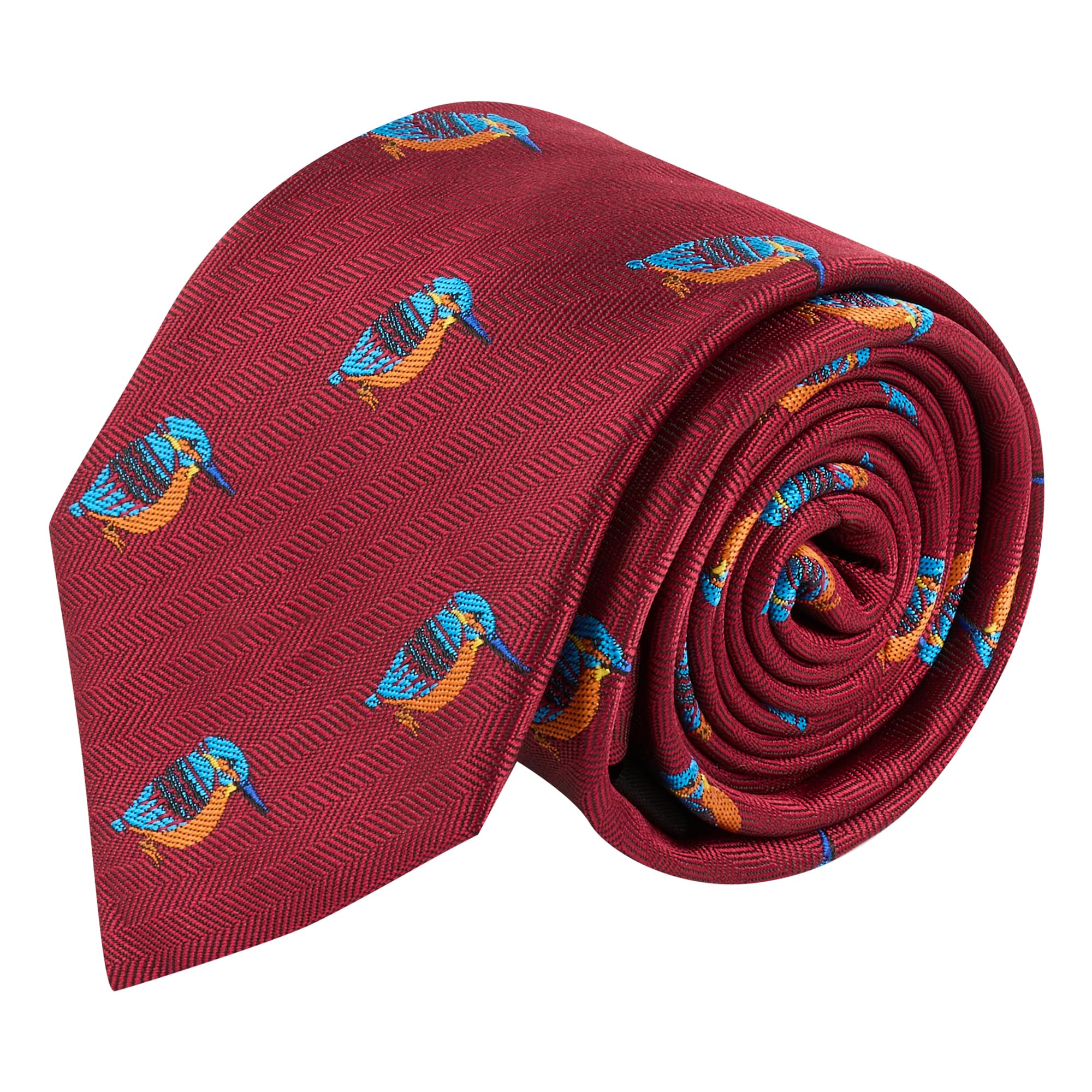 King & Priory Kingfisher Burgundy Red Herringbone Embroidered Tie
