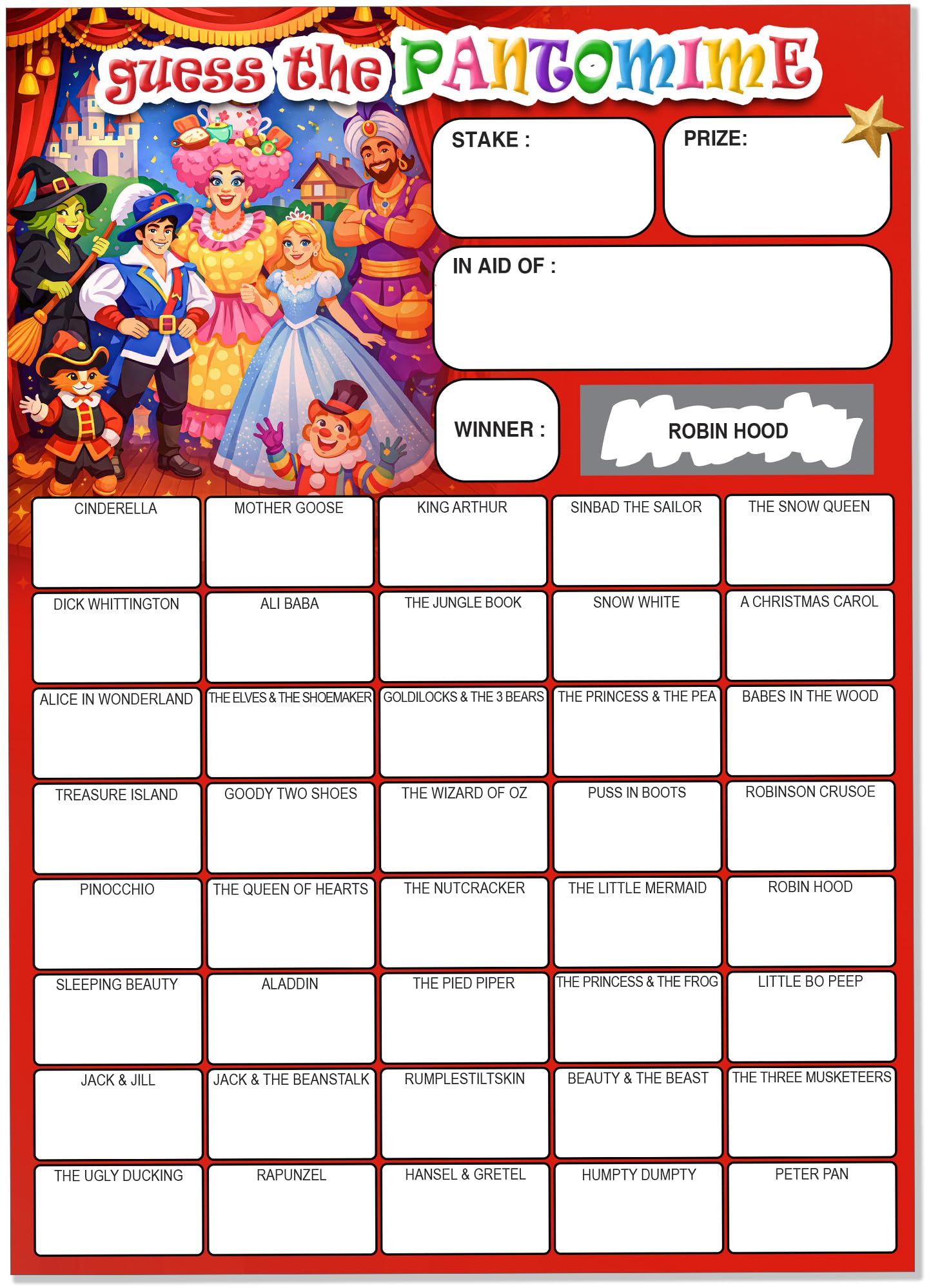 Pack of 10 Pantomime Fundraiser Cards - A5 Size - 40 Squares and Scratch Off Winner for Fundraising