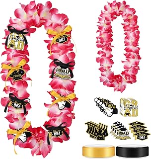 27 Pcs 2025 Graduation Lei Making Kit DIY Class of 2025 Graduation Lei Handmade Hawaiian Gift Necklace with Black Gold Card Ribbon for Grad College High School Wreath Party Supplies