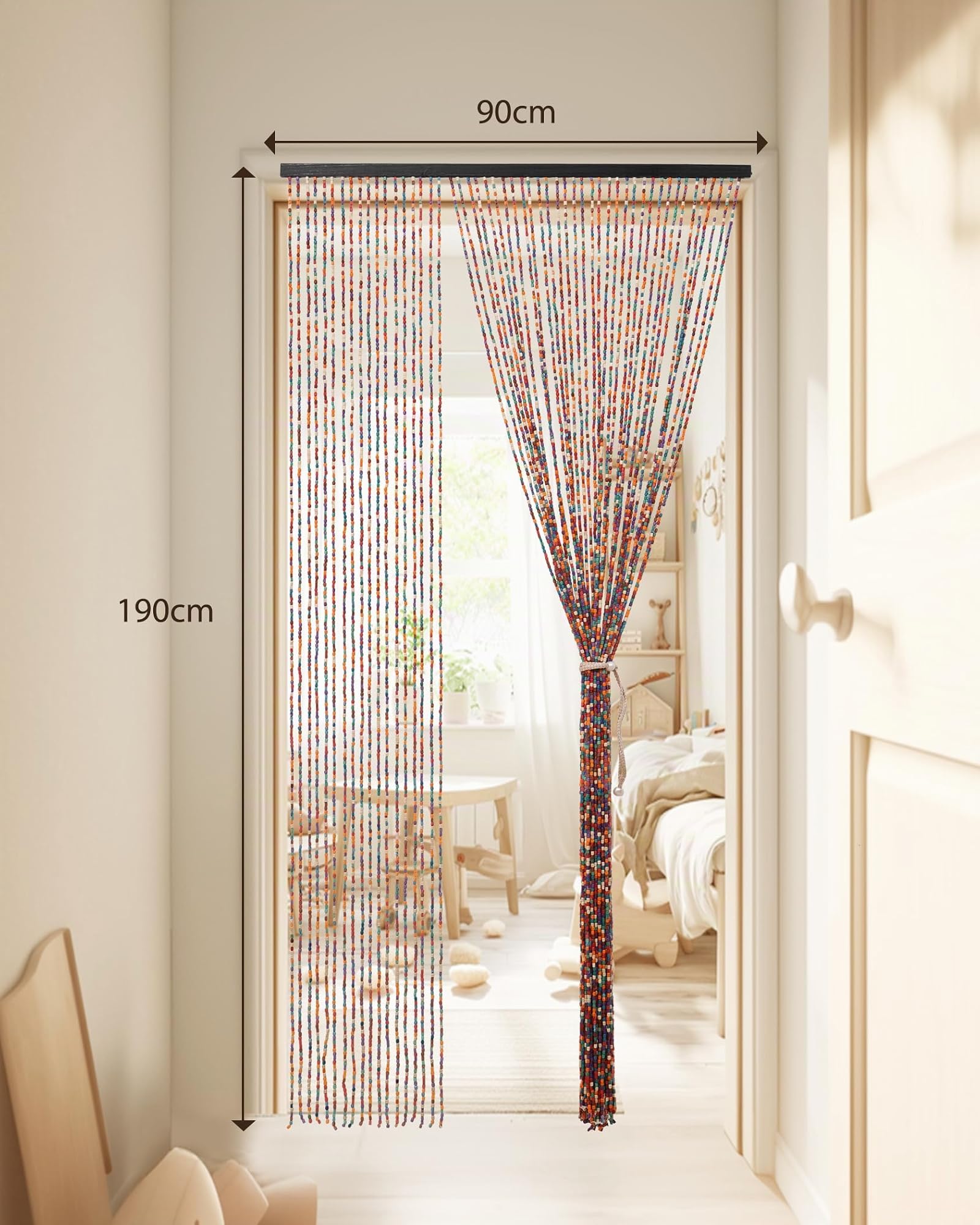 90 * 200cm Perlenvorhang Türvorhang 52 Stränge Bunt Holzperlenvorhang als Bohemian-Stil Dekoration und Insektenschutz, Handarbeit Perlenvorhang für Fenster, Tür, Zimmer