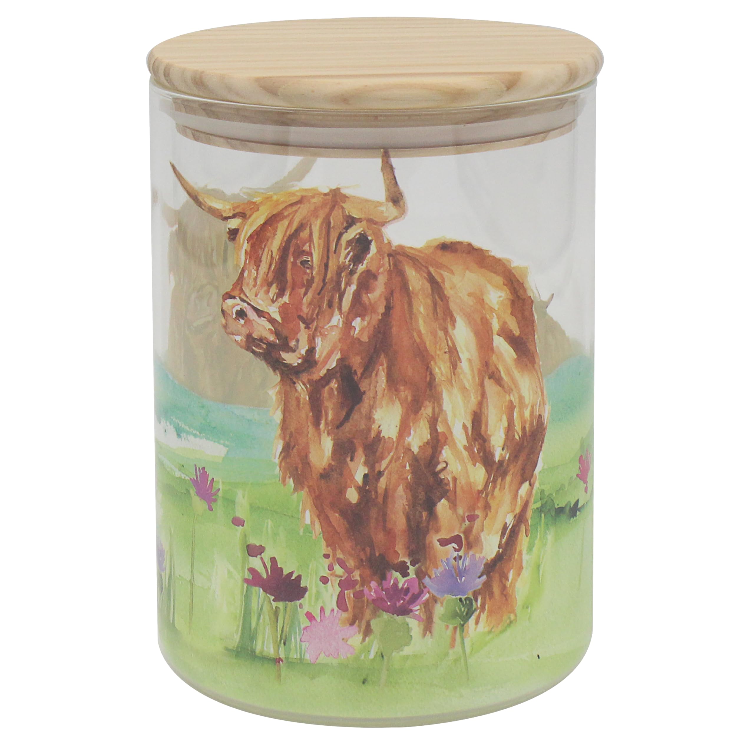 Medium Glass Canister Jar with Wooden Lid Highland Cow Storage Rustic Farmhouse