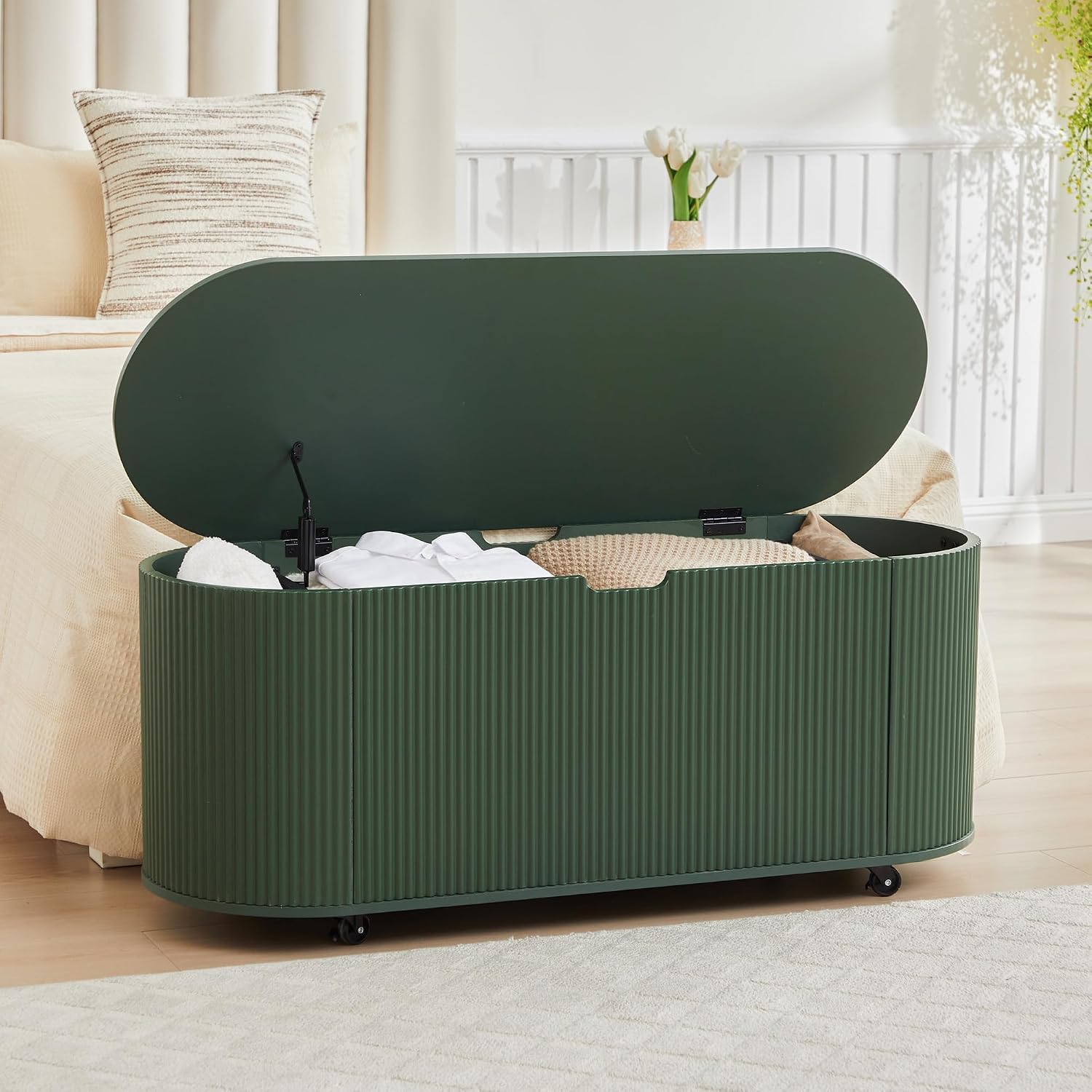Fluted Storage Bench with 4 Wheels, 43.3” Oval Storage Chest with Safety Hinges, Modern Wooden End of Bed Bench, Large Storage Trunk Toy Chest with Lift Top for Entryway Bedroom Living Room, Green