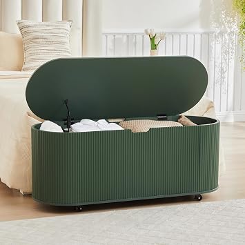 Fluted Storage Bench with 4 Wheels, 43.3 Oval Storage Chest with Safety Hinges, Modern Wooden End of Bed Bench, Large Storage Trunk Toy Chest with Lift Top for Entryway Bedroom Living Room, Green