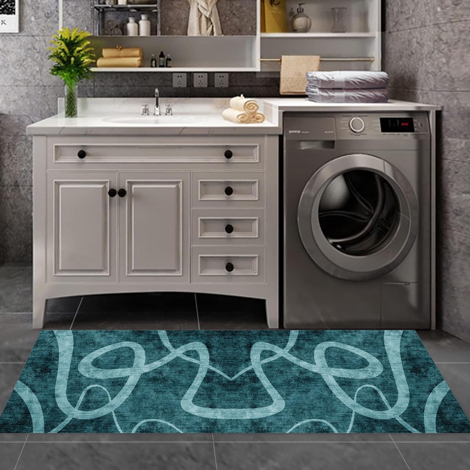 Teppich Läufer Lang Dunkelgrün Flur Küche rutschfest waschbar Teppichmatten Modern Design Küchenläufer 70X150cm Küchenteppich Meterware Esszimmer Schlafzimmer Wohnzimmer Schmutzfangmatte