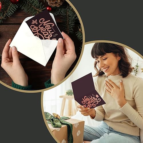 Miniatura 6 de easykart labels 18 tarjetas de feliz año nuevo con sobres, diseños de color marrón oscuro con lámina y relieve de oro rosa, tarjetas de deseos de