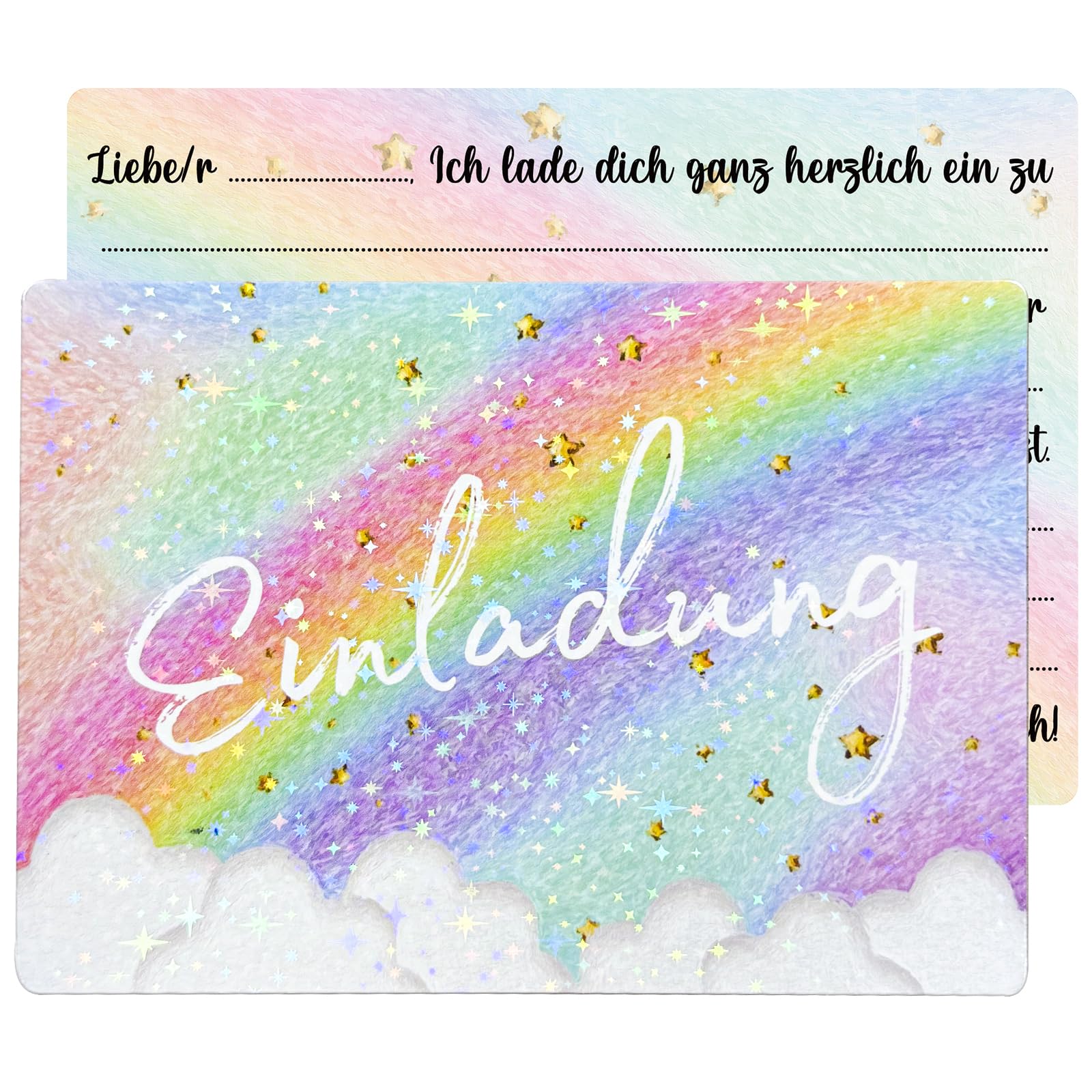 JOYEASE 12x Glitzer Regenbogen Einladungskarten Kindergeburtstag Mädchen, Regenbogen Geburtstag Party Karten, Geburtstagseinladungen für Einladung Kindergeburtstag Mädchen