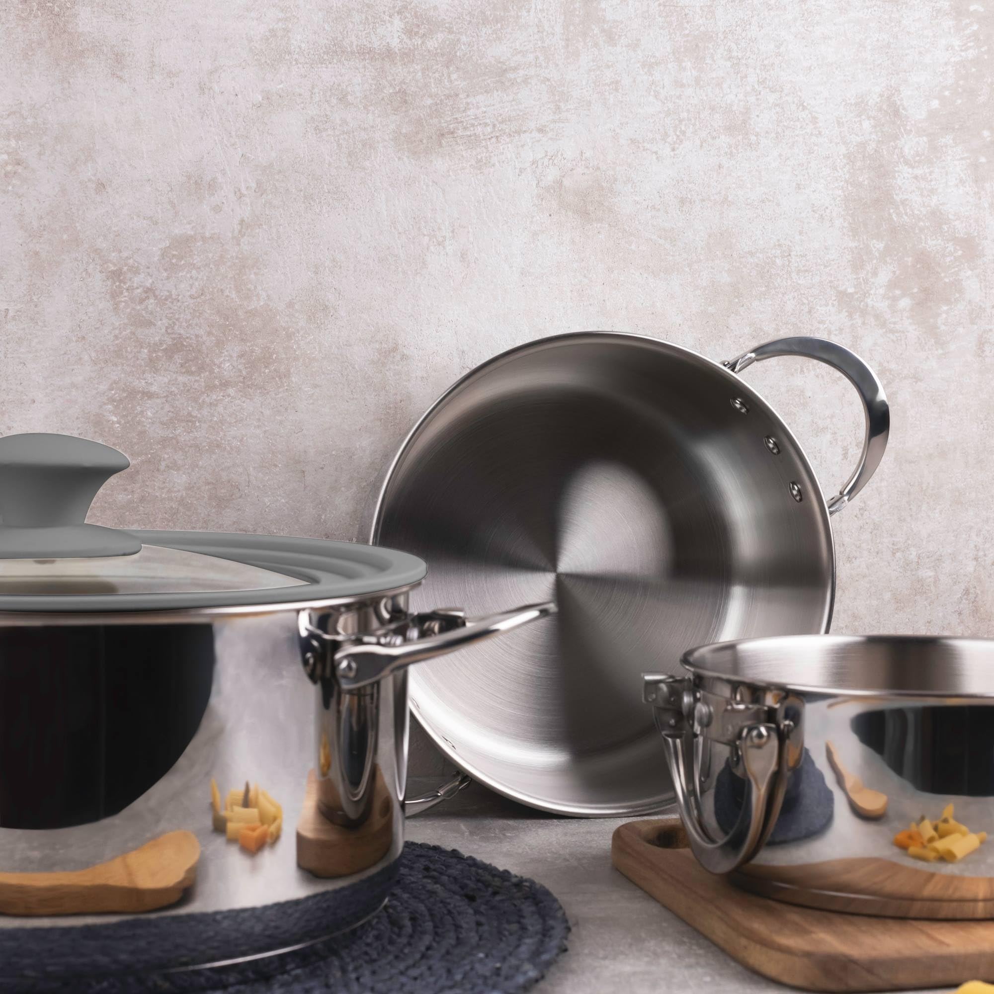 MasterPRO Foodies - Batterie de cuisine - 4 pièces avec des casseroles de 4, 20 et 24 cm et un couvercle en verre - fabriqué en acier inoxydable - compatible avec toutes sortes de cuisines