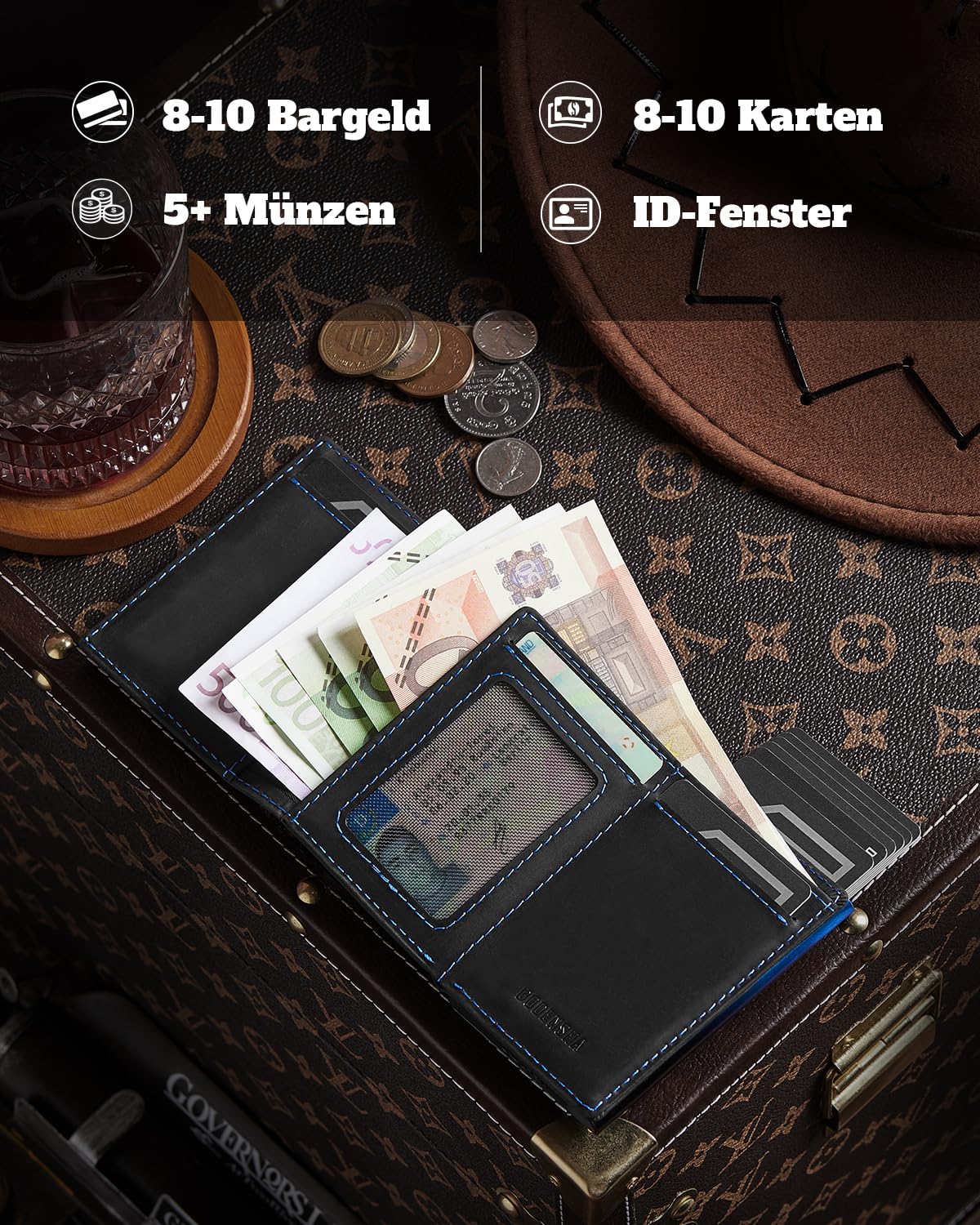 DODENSHA® MagSnap Airtag Wallet Herren: Smart Wallet für 10+ Karten, Wallet mit Münzfach, Geldbeutel mit AirTag* Fach, Geldbörse Herren mit RFID Schutz, Schwarz Blau