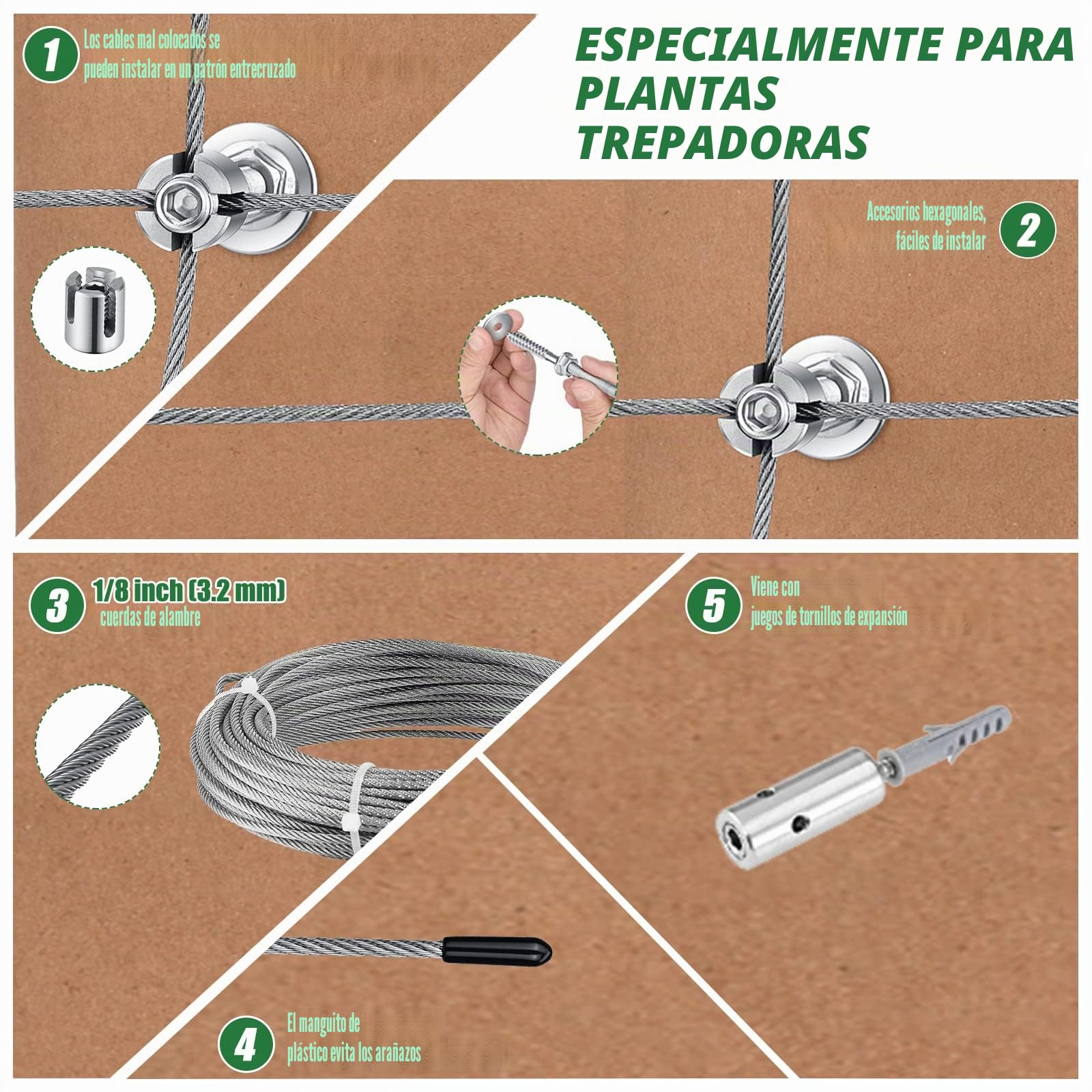 Marco para Trepar Plantas Soporte Enrejado Plantas Trepadoras, Cuerda de Acero Inoxidable de 16 M, Kit de Fijación de Enrejado Alambre Jardín Hogar