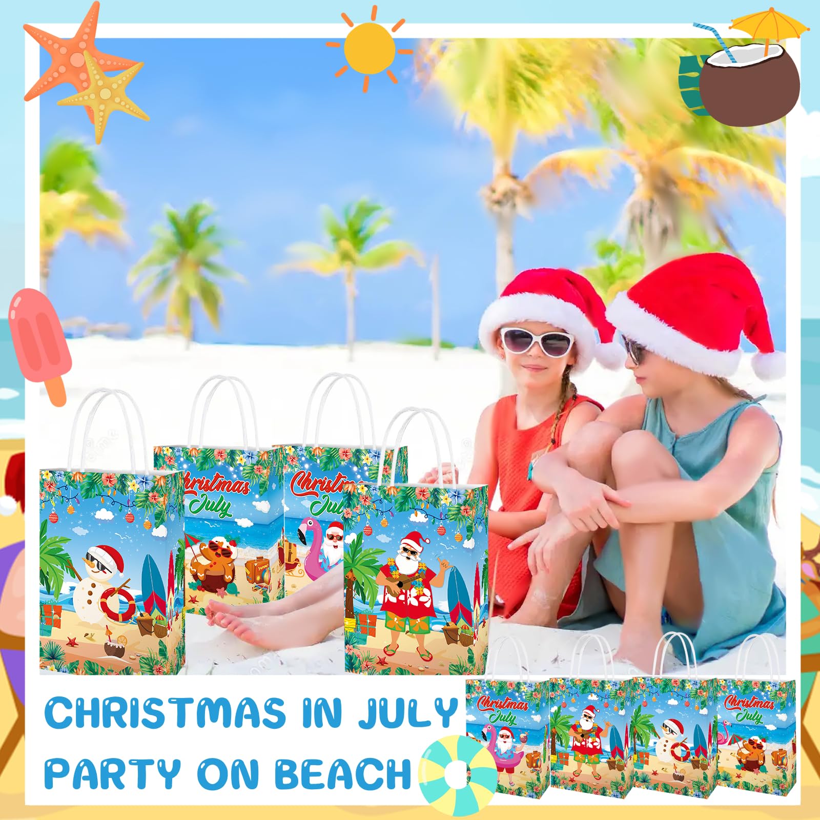 24 Sets Sommer-Weihnachtstaschen – Tropische Geschenktüten Mit Griffen + Seidenpapier, Für Party & Strand