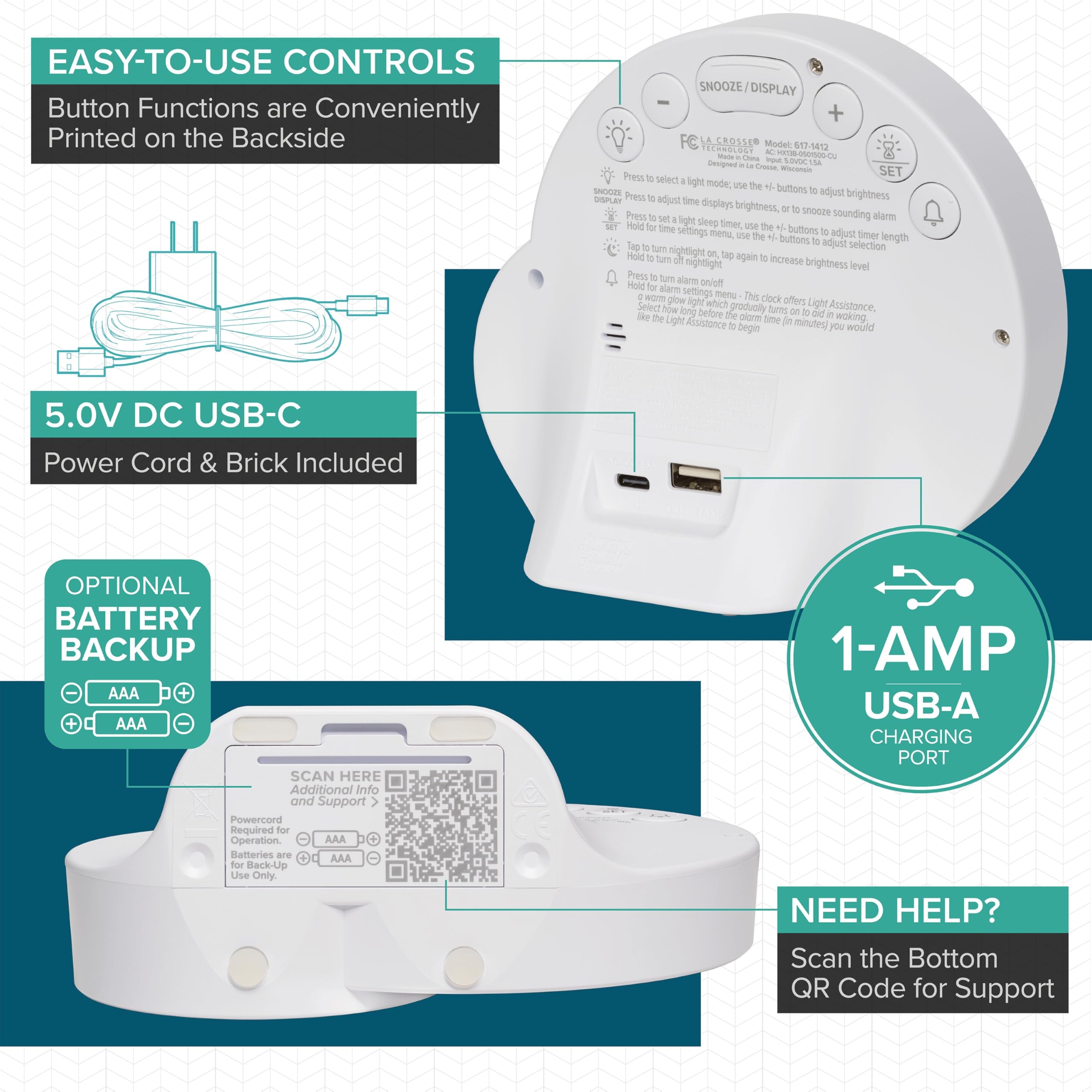 La Crosse Technology 617-1412 L'Eclipse Light Assist - Reloj despertador digital para mesita de noche