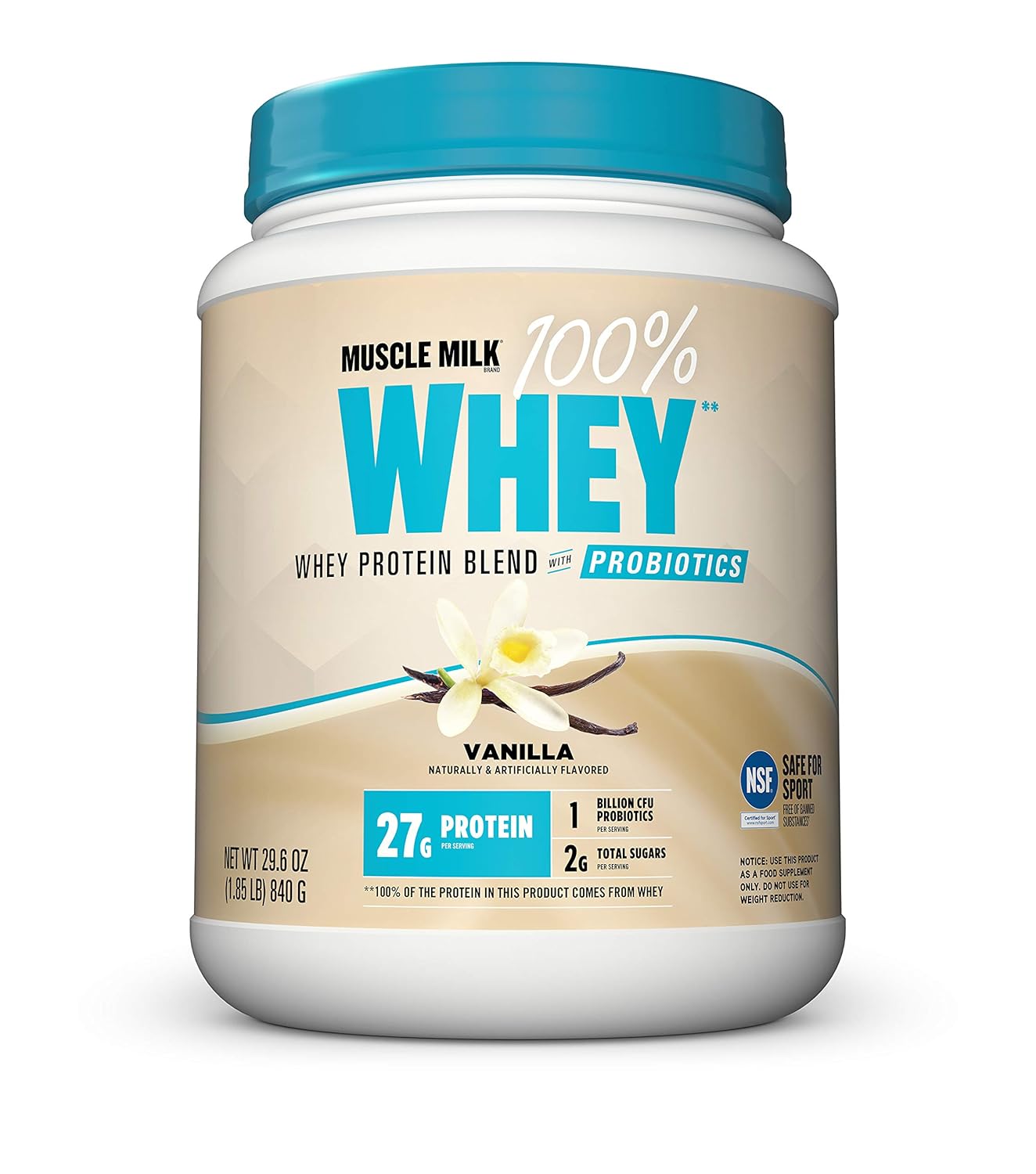 Muscle Milk 100% Whey With Probiotics Protein Powder, Vanilla, 1.85 Pound, 23 Servings, 27g Protein, 2g Sugar, 1B CFU Probiotics, Low in Fat, NSF Certified for Sport, Packaging May Vary