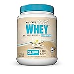 Muscle Milk 100% Whey With Probiotics Protein Powder, Vanilla, 1.85 Pound, 23 Servings, 27g Protein, 2g Sugar, 1B CFU Probiotics, Low in Fat, NSF Certified for Sport, Packaging May Vary