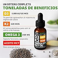 Vista 3 de Paquete de 2 gotas orgánicas de vitamina D3 K2 con aceite MCT Omega 3, 5000 UI, líquido de vitamina D de máxima fuerza, sin rellenos, líquido D3 sin