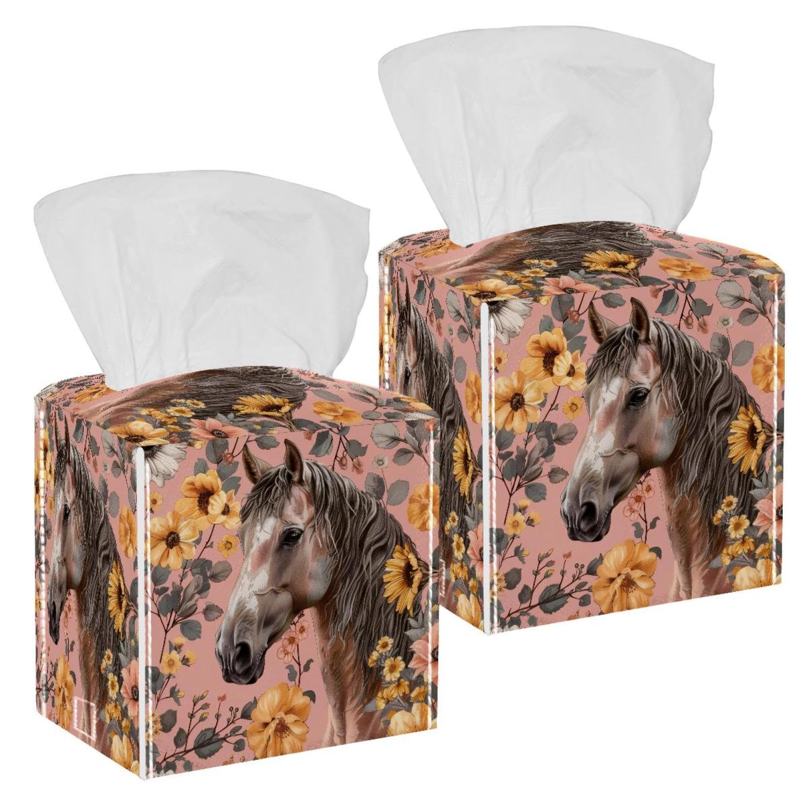 Horse Flowers Tissue Box Cover, 2 Pack PU Leather Square Facial Tissue Dispenser Box holder for Home Office Car