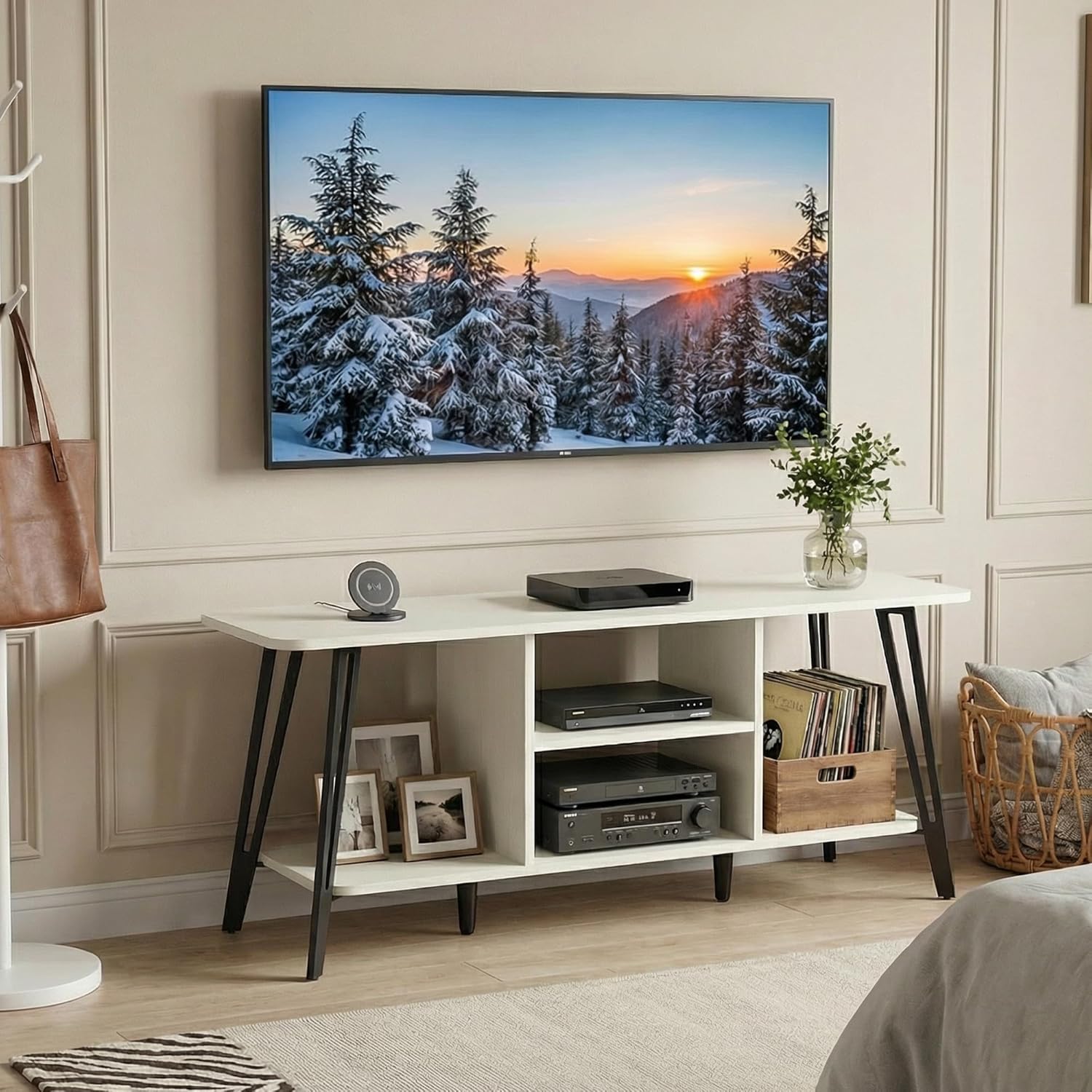 Manora TV Stand for TVs up to 55 Inch, Simple Modern Entertainment Center with 3 Tier Open Storage Shelves, TV Console Table for for Living Room, Bedroom, White