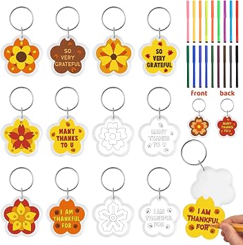 BeYumi Thankful Flower Keychains Crafts - 24Pcs Color Your Own Acrylic Thanksgiving Keychains Bulk DIY Flower Key Ring Set Thankful Coloring Card School Classroom Party Favor Gifts Activities