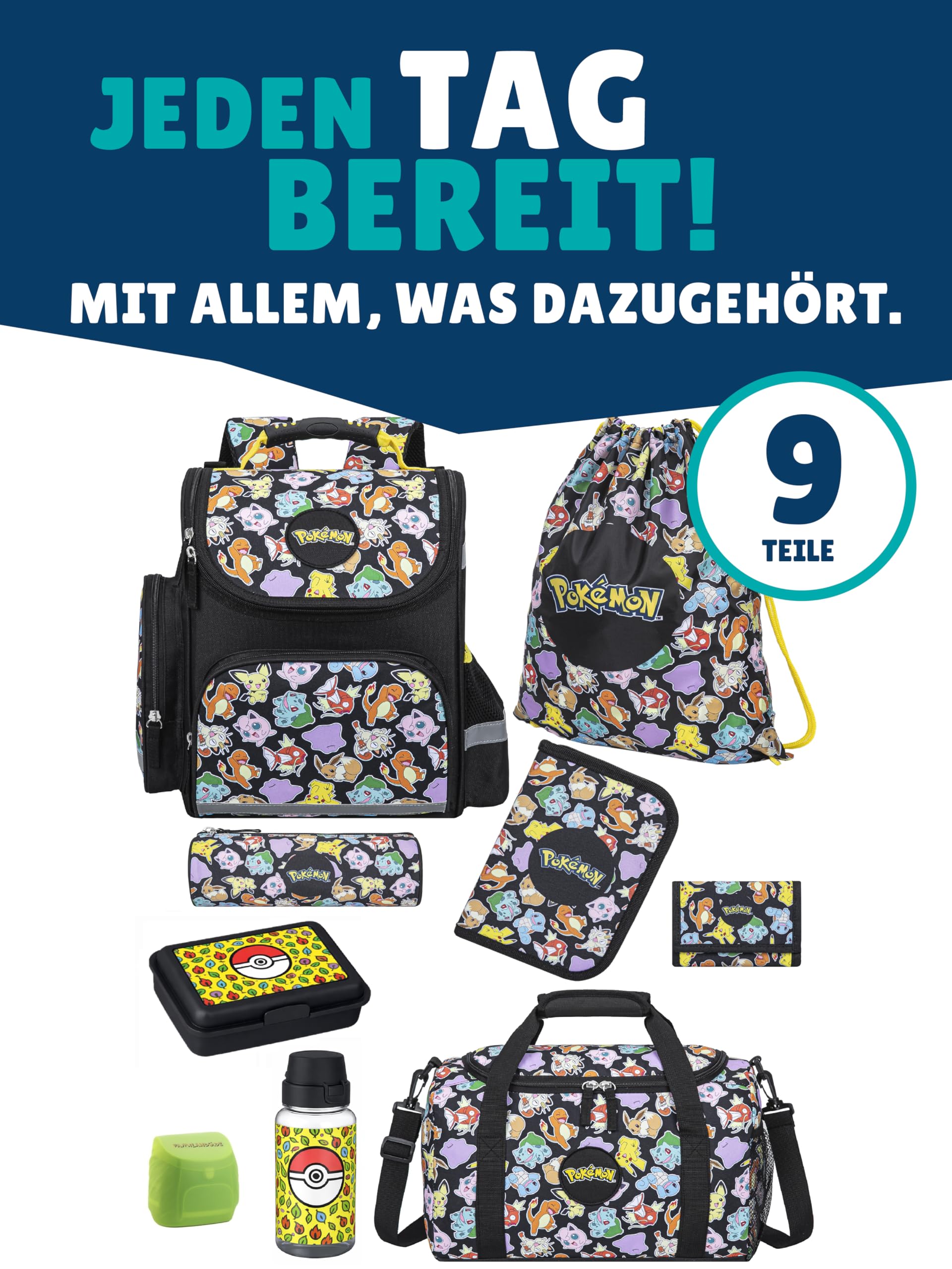Familando Pokémon tornister szkolny 1. klasa · ergonomiczny tornister dla chłopców i dziewczynek · Tornister szkolny Pokemon z motywem Pikachu w zestawie, wielokolorowa, 9-częściowy zestaw obiadowy i