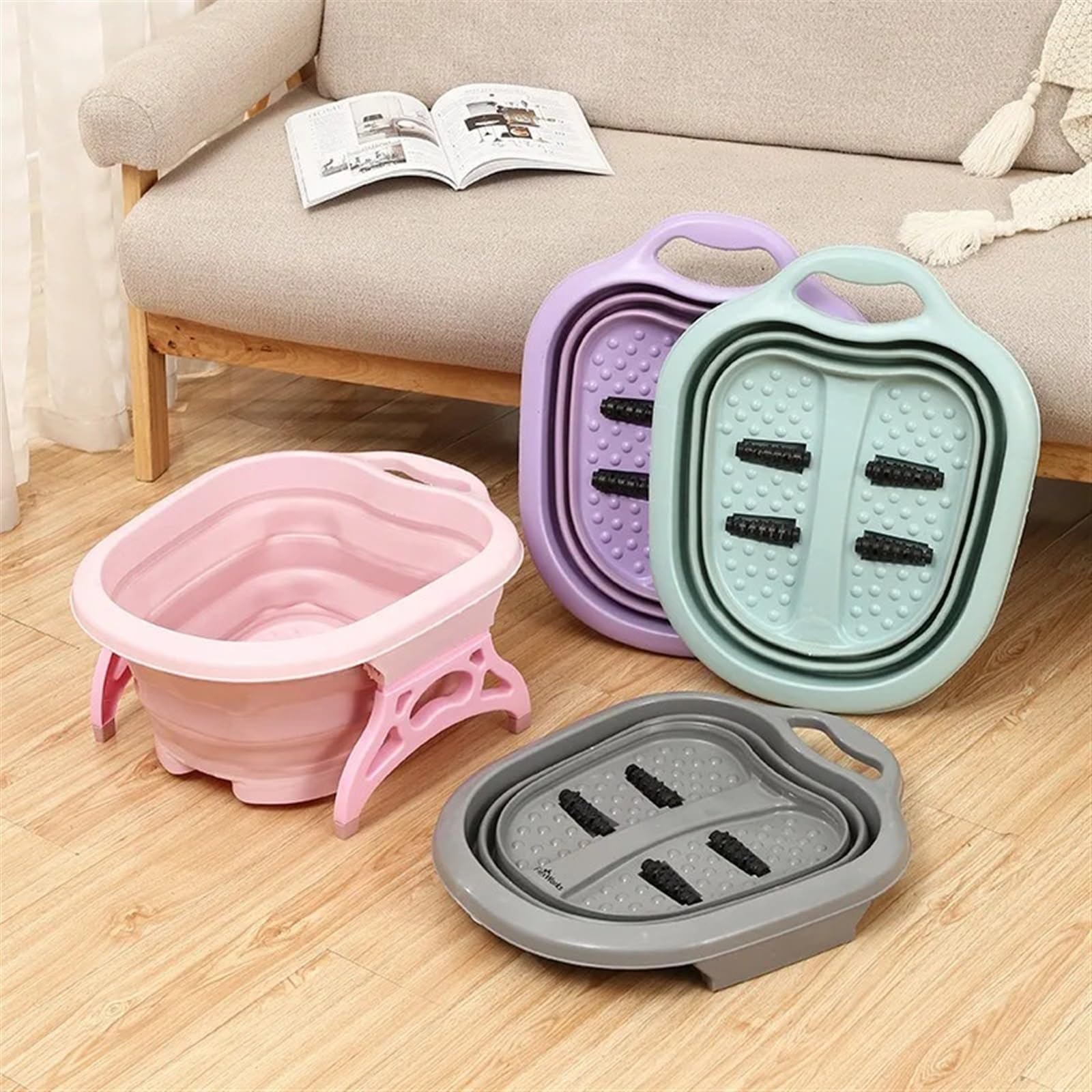 Secchio Pieghevole Per Piedi Pediluvio pieghevole Vasca da bagno portatile Secchio for immersione for massaggio ai piedi Bacino con coperchio for uso domestico(Pink)