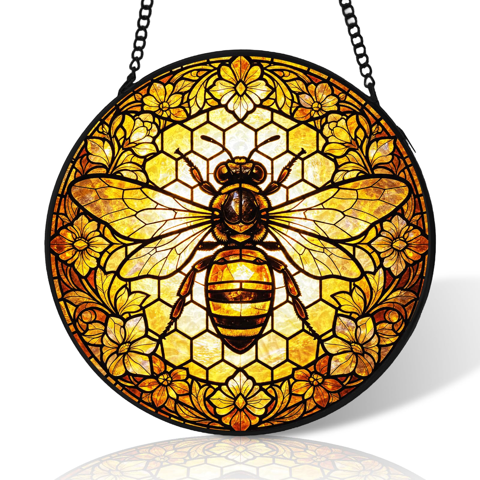 4 inch Bee Stained Glass Suncatcher Windows Hanging,Stained Glass Ornament Home Decor,Suncatchers for Windows Hanging,Birthday Gifts for Women,Lovers,Friend(Black)