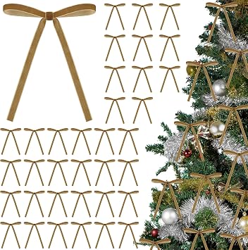 36 Pcs Christmas Velvet Bows Vintage Rustic Xmas Tree Velvet Ribbon for Stairs Wreath Fireplace Garland Home Decor Winter Party Indoor OutdoorGold,5x7inch
