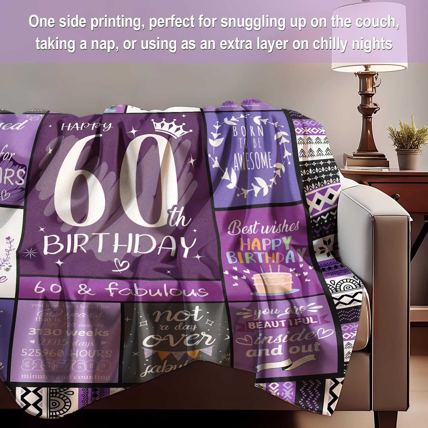 60th Birthday Gifts for Women, 60 Year Old Birthday Gifts for Women, Happy 60th Birthday Gift Decorations, Present for 60 Year Old Woman, 1965 Bday Present for Mom Grandma - 60 Bday Blanket 60”x50”