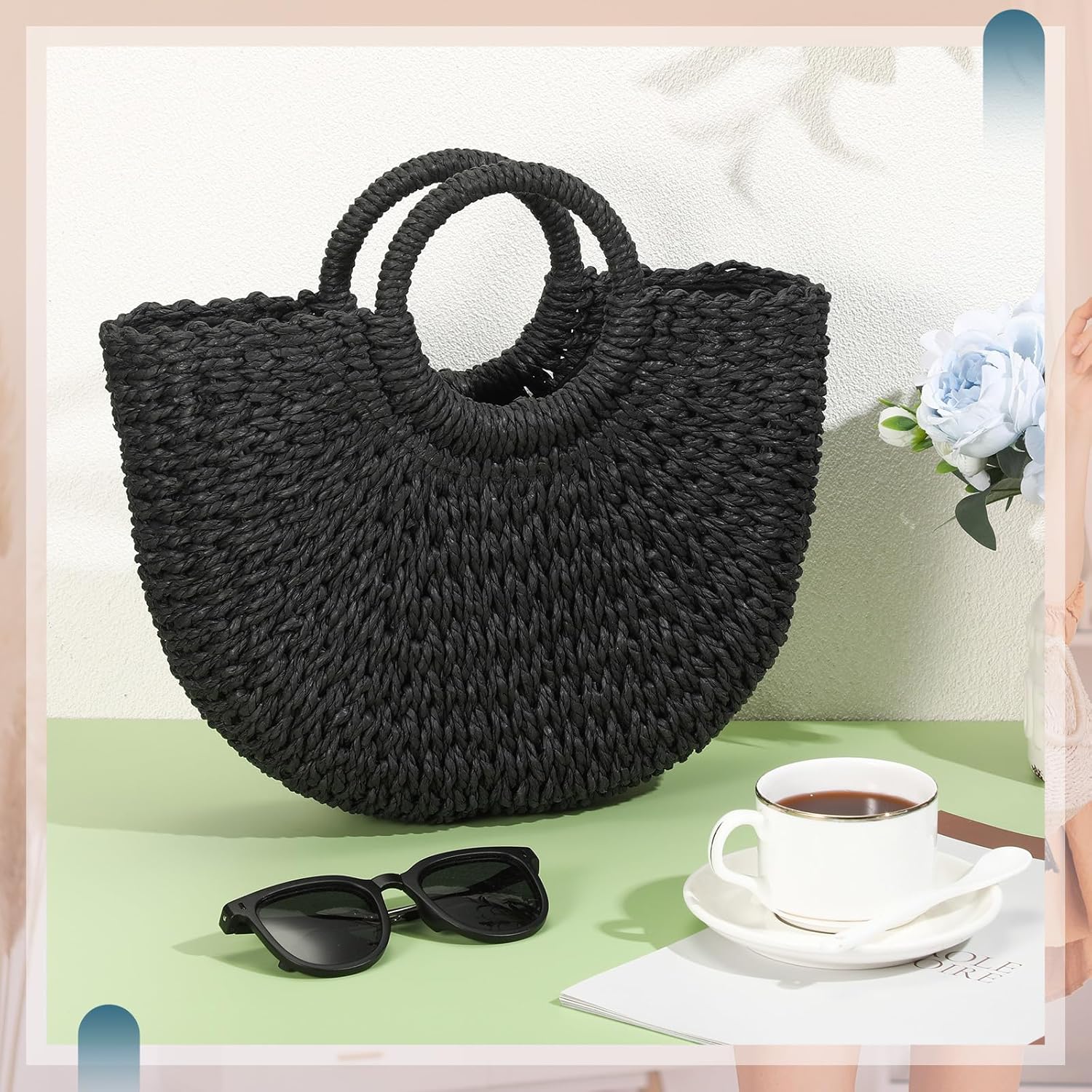 Frienda Straw Tote Bag Summer Beach Bag Handmade Straw Rattan Woven Handbag for Women Travel - Image 3