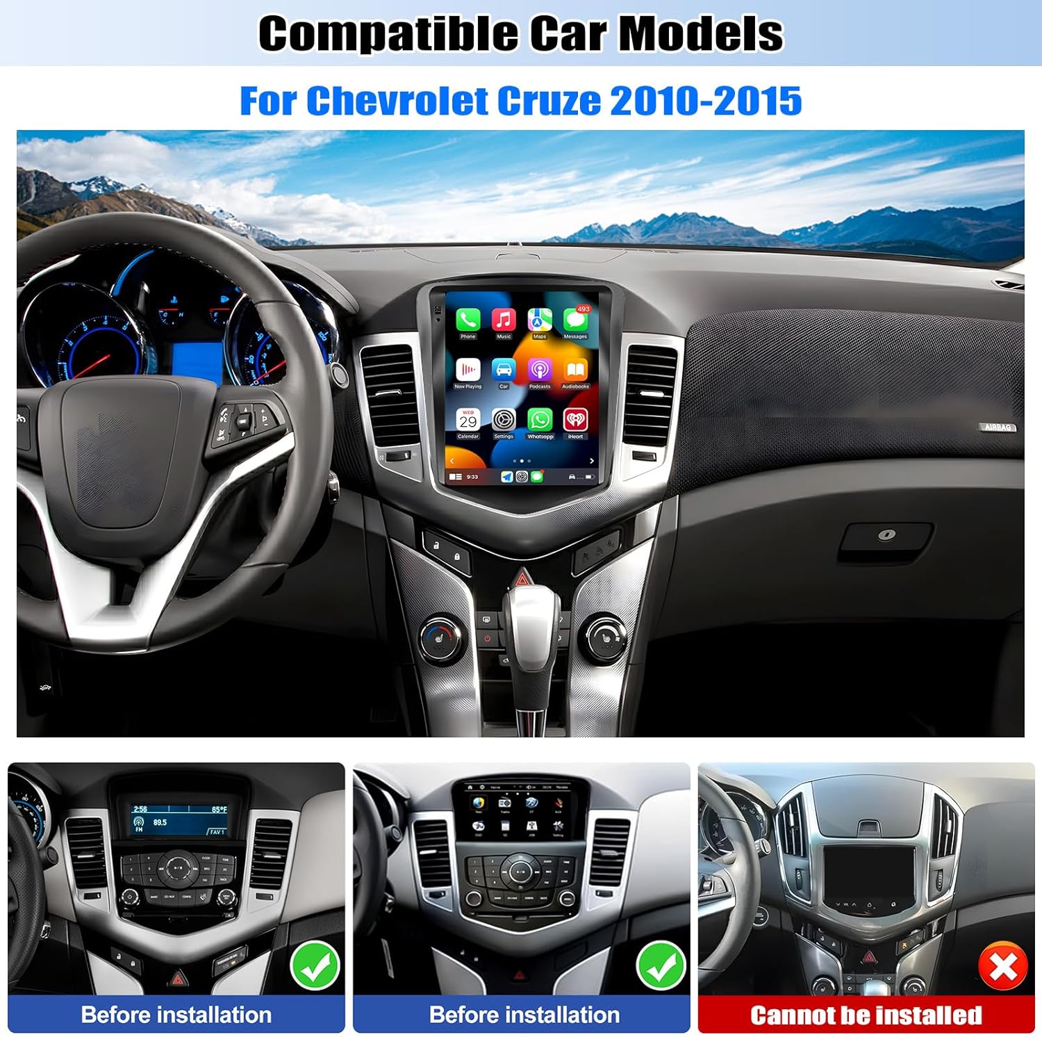 CAMECHO Car Radio installed in a Chevrolet Cruze dashboard, showing compatibility with 2010-2015 models.