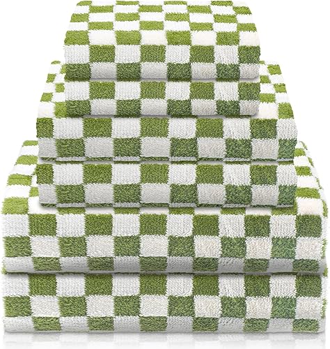 Kinlop Juego de 6 toallas de baño a cuadros, color coral, suave forro polar, secado rápido, toalla de mano con patrón para baño, regreso a la