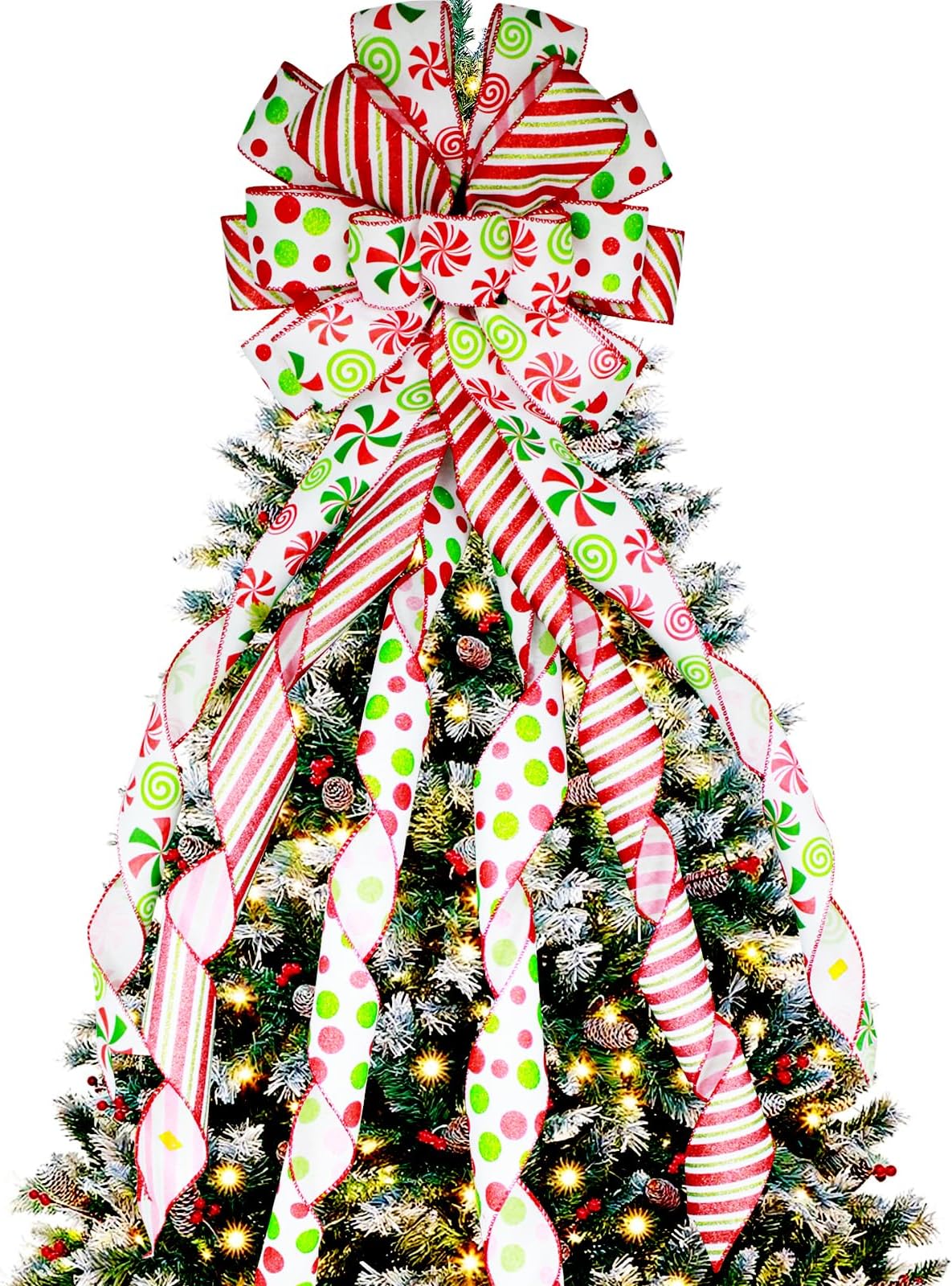 Christmas Tree Topper Large Green Christmas Bow Tree Topper, Candy Stripe Red Green Dot Gift Bow for Xmas Tree Handmade Holiday Party Home Wedding Indoor/Outdoor Decorations -13 x 45 Inch