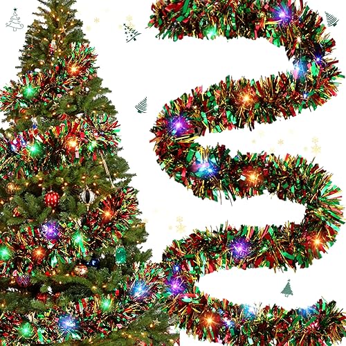 Miniatura 1 de Guirnalda de oropel de Navidad de 65.6 pies con tira de luces LED de 65.6 pies, guirnalda metálica de oropel giratorio, guirnalda de árbol colgante