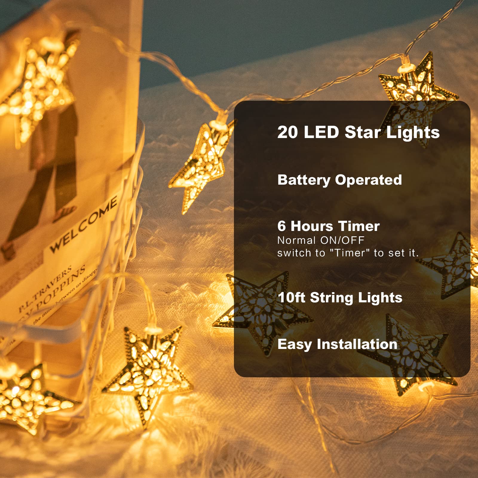 Vigdur 10Ft Star String Lights - 20 LEDs Star Fairy Lights Battery Operated with Timer Indoor Christmas Lights for Bedroom Party Holiday Eid Ramadan Decoration
