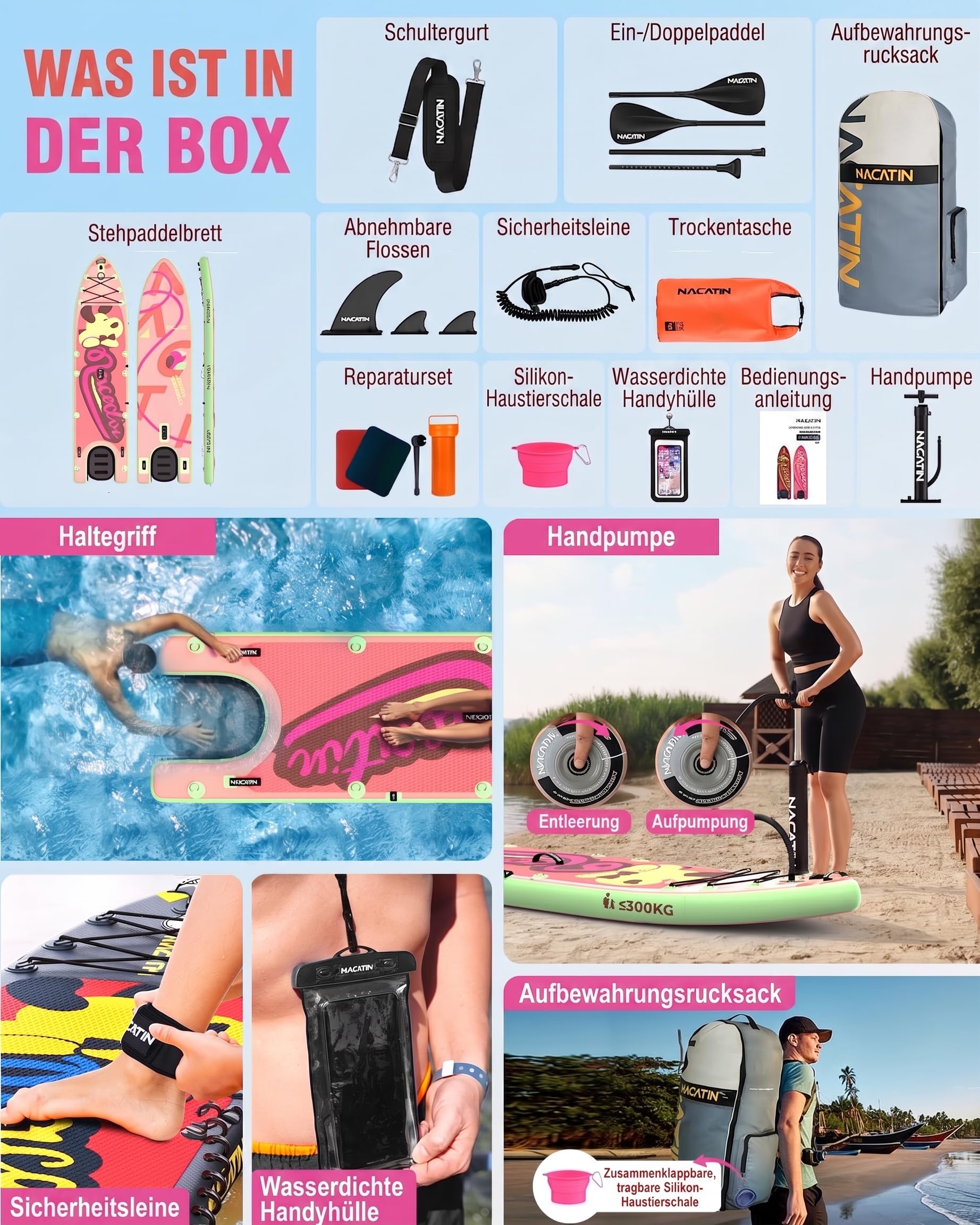 NACATIN 366cm (12ft) aufblasbares SUP Board mit Hunderampe, breites 91cm (36in) Stand Up Paddling Board mit rutschfestem Deck für Hunde & Familie, mit Einzel-/Doppelpaddel, Pumpe, Rucksack
