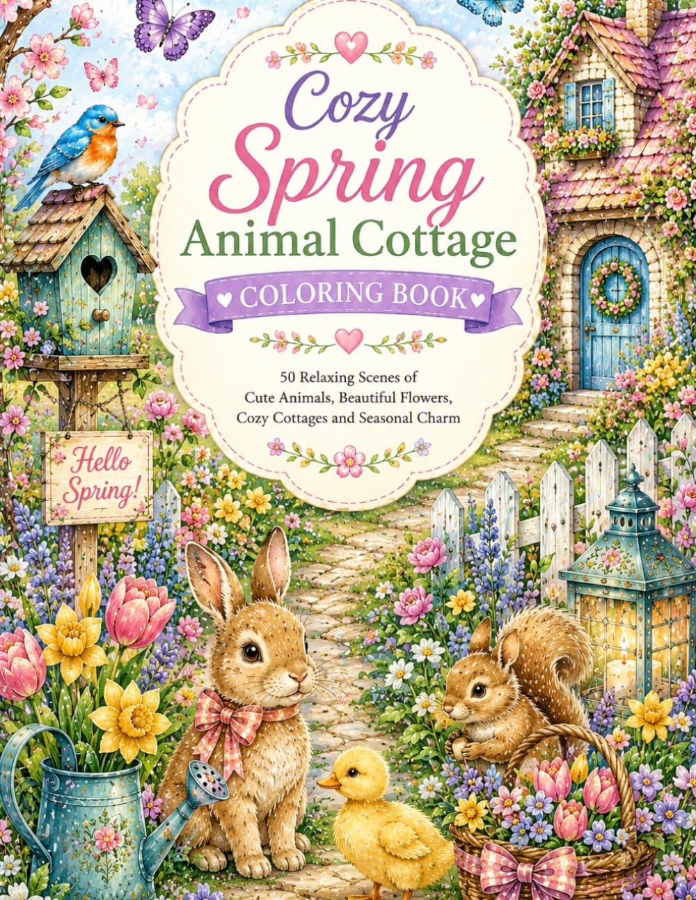 Cozy Spring Cottage Coloring Book: step into a cozy world filled with adorable animals, charming cottages,and the beauty of each season.there 25 ... hours of creative enjoyment