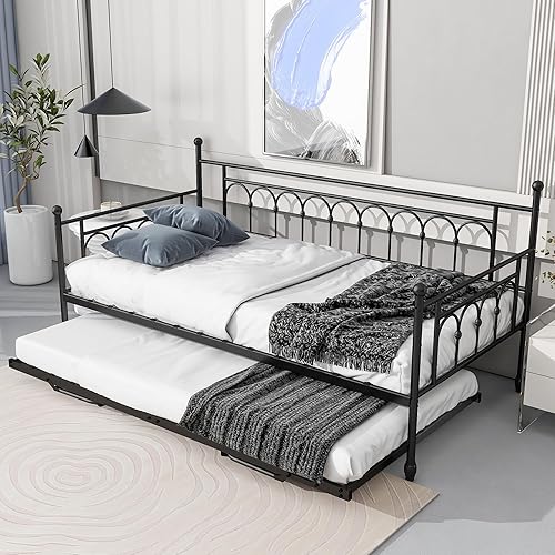 Miniatura 10 de Sofá cama individual de metal con nido, elegante cama de día con nido plegable para habitación de invitados, oficina en casa, color negro