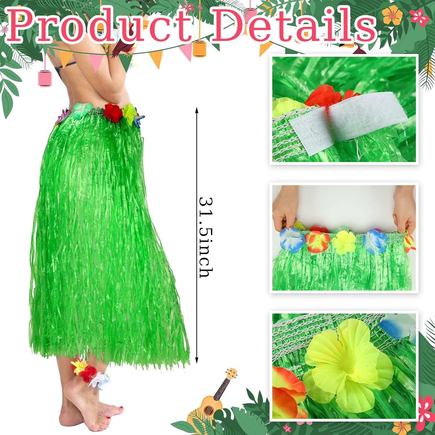 Glitopper 2 Set Coconut Bra Hula Grass Skirt with Flowers Hawaiian Costume Set Dance Leis Outfit for Women Luau Party Supply