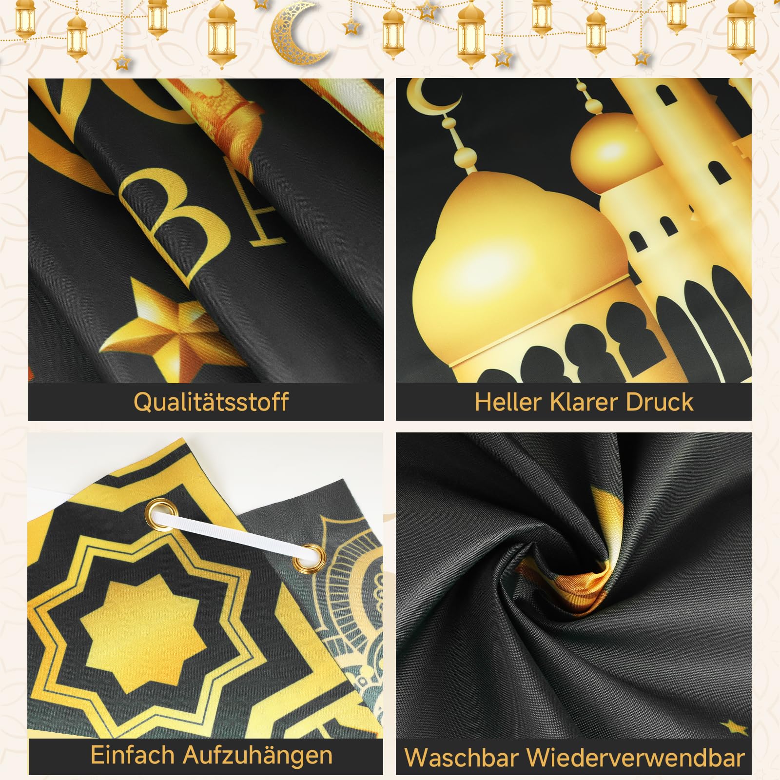 Ramadan Banner – Großes Stoffbanner „Ramadan Mubarak“ (200 X 110 Cm) Mit Halterung, Für Partys, Fotohintergrund & Festliche Dekoration