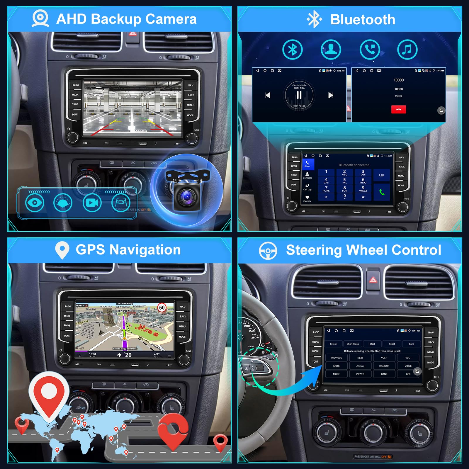 4GB+64GB VW Android Autoradio für Golf 7 Passat Tiguan Jetta Polo Beetle mit originalem 52-Pin VW Quadlock Anschluss, Drahtloses CarPlay Android Auto DSP GPS WiFi Rückfahrkamera