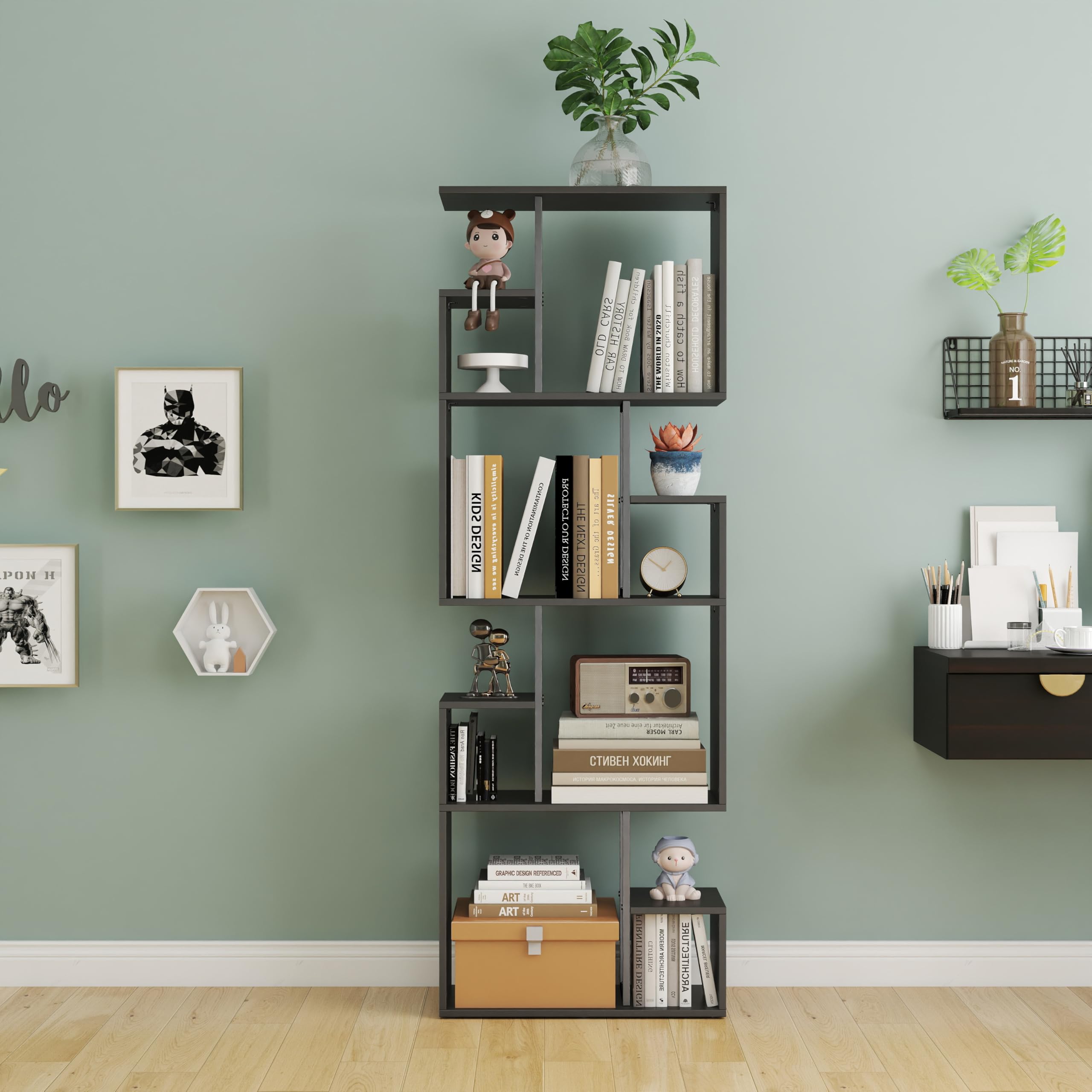 Manora Librería Estanteria con Almacenamiento, Librería En Forma De S De 4 Niveles, Estantes para Salón, Dormitorio, Estudio, 60 x 24 x 174cm, Negro y marrón (Negro y marrón, 60 x 24 x 174cm, 4)