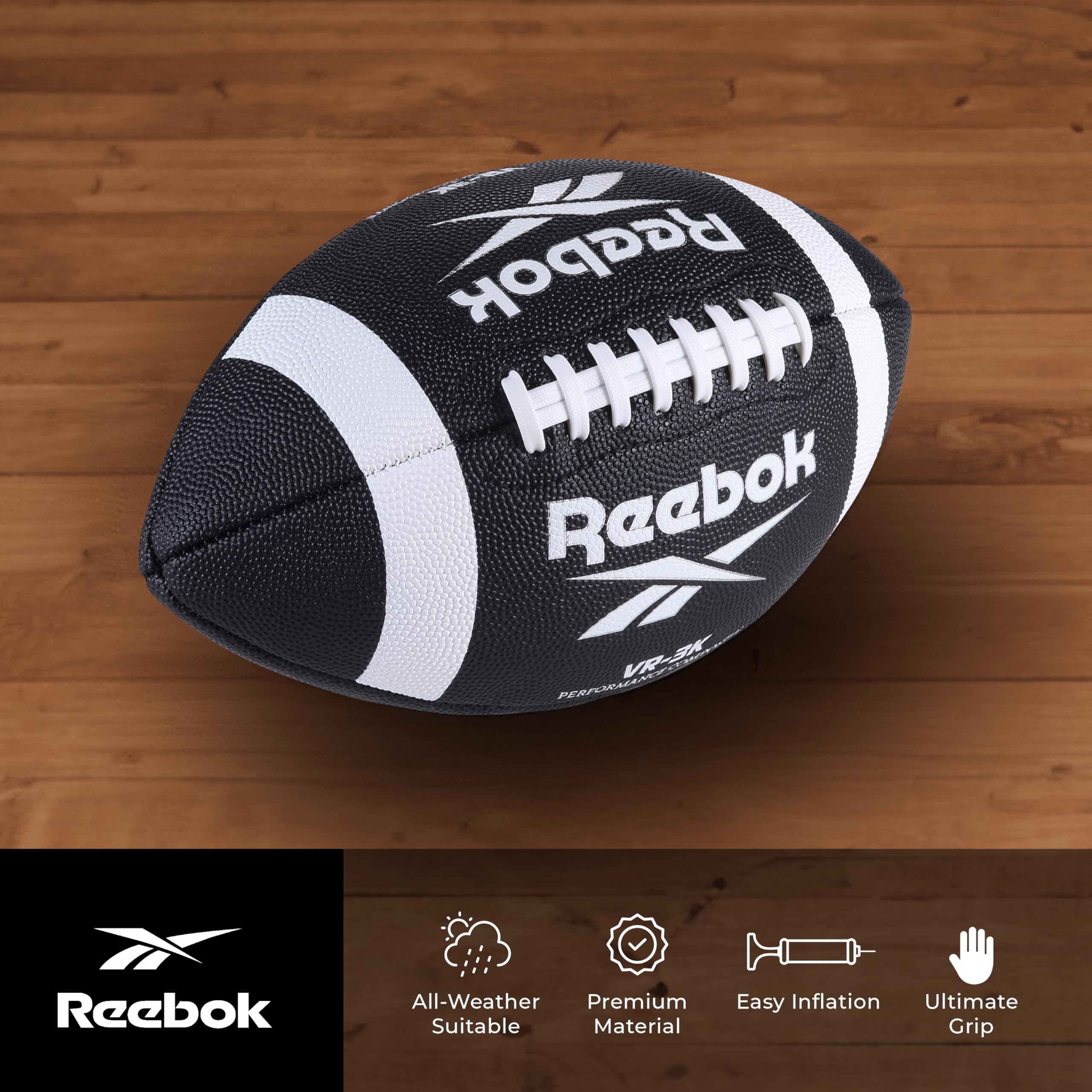 Reebok Elite - Balón de fútbol recreativo, tamaño oficial, cuero compuesto, tecnología de agarre suave, forro de cojín, incluye bomba y aguja, serie VR-3K Black (Varsity)